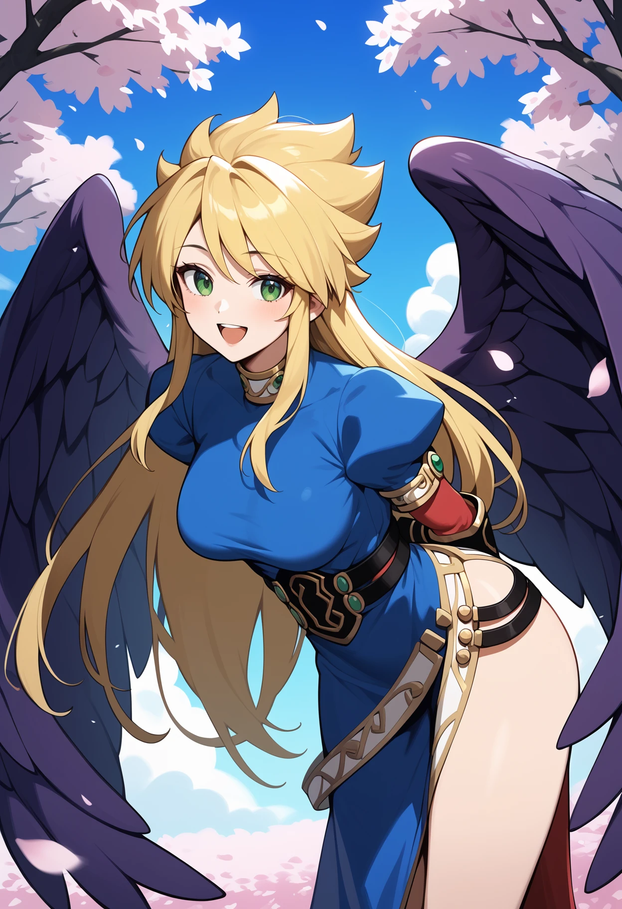 score_9, score_8_up, score_7_up, score_6_up, score_5_up, score_4_up, source_anime, aanina, long hair, blonde hair, green eyes, large breasts, feathered wings, purple wings, blue dress, puffy sleeves, bridal gauntlets, side slit, <lora:nina_bof2_ponyxl_v1:0.9>, smile, open mouth, standing, cowboy shot, leaning forward, bent over, outdoors, cherry blossoms, petals, arms behind back,