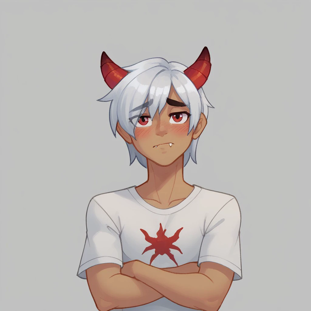 (masterpiece), best quality, expressive eyes, perfect face, score_9, score_8_up, score_7_up, score_6_up, looking at viewer, shy, blush, crossed arms, fangs, red eyes, hair over one eye, white hair, short hair, dark skin, 1boy, seth, white t-shirt, horns, <lora:553677dd-e2ea-433b-87f3-ab7a19a58842:0.3>, <lora:42f8fcc2-f373-4b71-9e9a-956fb5b05a1a:1.0>, <lora:6e821b1c-b2a9-4b86-b0e0-27a5a79fffa0:0.8>