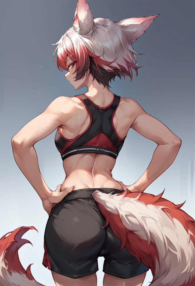 score_9, score_8_up, source_anime, 1girl, solo, KohakuSyusetsu, multicolored hair, animal ears, tail, short hair, from behind, looking back, hands on hips, sports bra, black shorts, ass, <lora:ChamKohakuSyusetsuPonyXL:1>