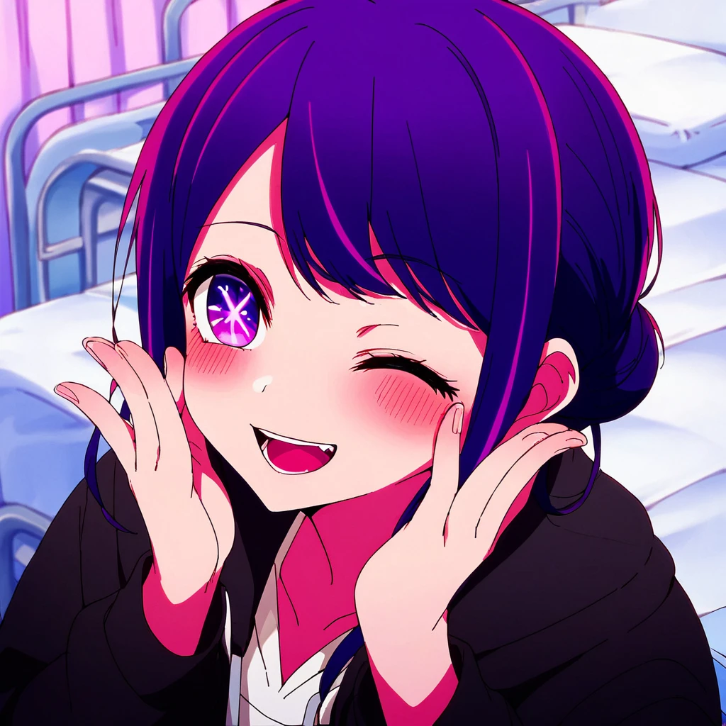 score_9, score_8_up, score_7_up, score_6_up,hoshinoai,purple_eyes, one eye closed, infirmary, hospital bed, blush, hoodie, smile, hood, open mouth, single hair bun, hair bun, hands on cheeks, black hoodie, focus on face, 45 \(diagonal45angle\)