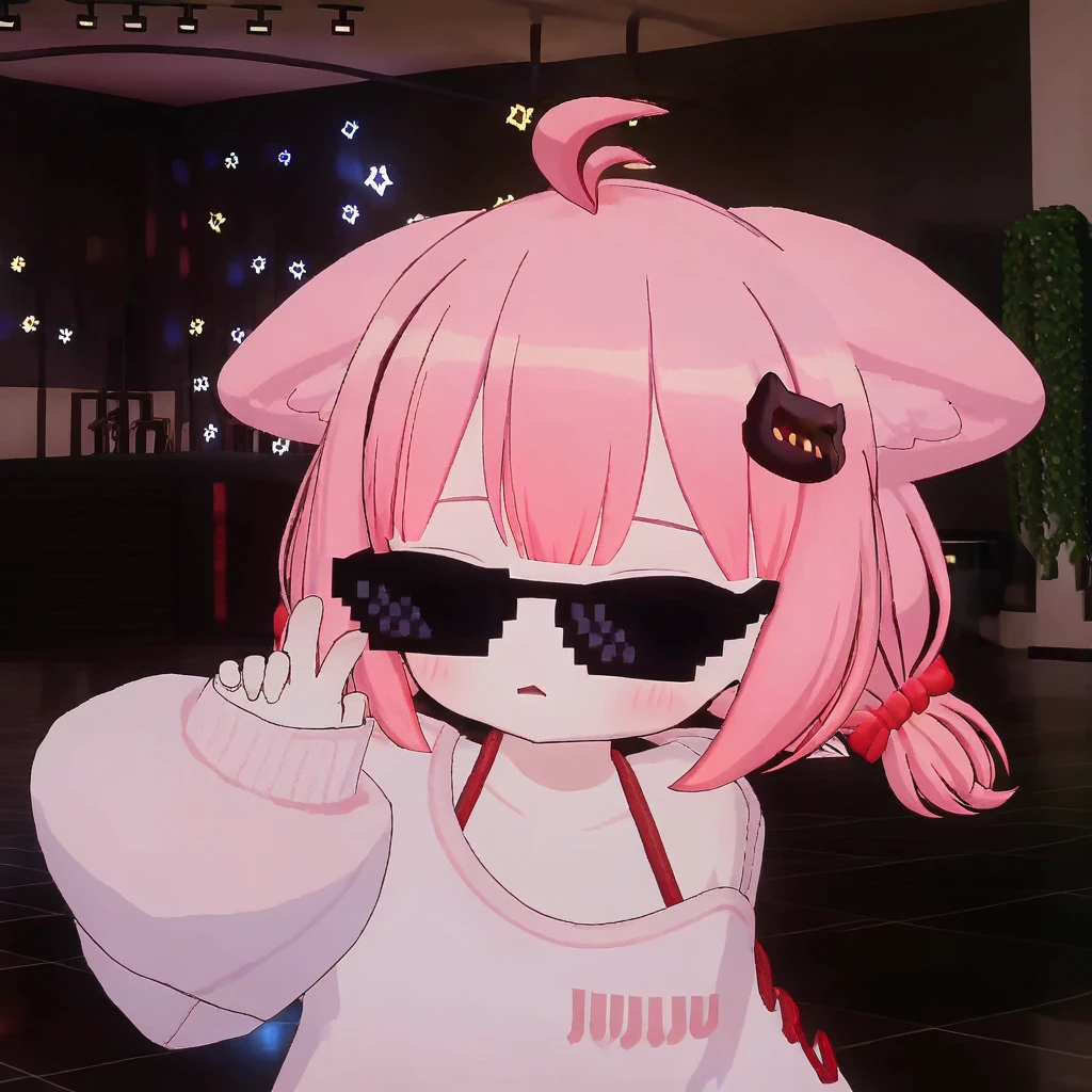 score_9, score_8_up, score_7_up, source_anime, <lora:_VRChat_Nyatasha_Nyanners:1>,  1girl, sunglasses, animal_ears, solo, pink_hair, ahoge, meme, cute, virtual_youtuber, hair_ornament, cat_ears, closed_mouth, long_sleeves, blush, cat_hair_ornament, sweater, hand_up, short_hair, shirt, base_Normal, off_shoulder, upper_body, night, cat_girl