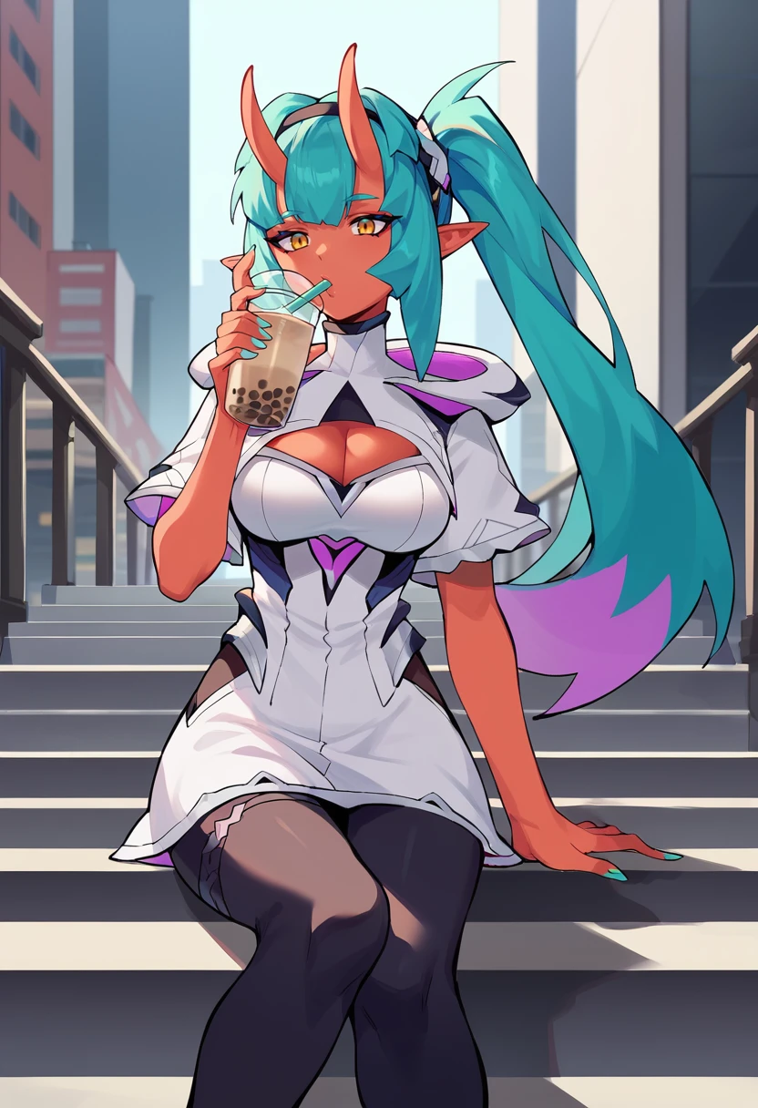 <lora:Octavia:1> octavia, horns, pointy ears, blue hair, oni horns, yellow eyes, colored skin, long hair, red skin, medium breasts, oni, aqua hair, large breasts, clothing cutout, cleavage, cleavage cutout, dress, city, sitting on stairs, drinking, holding, bubble tea, drinking bubble tea,, score_9, score_8_up, score_7_up, source_anime,