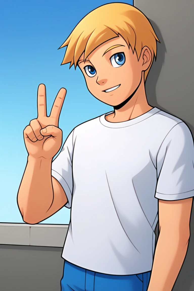 powerpack_alex,, 1boy,solo,blonde hair,short hair,male focus,blue eyes, sky,white shirt,short sleeves,blue pants,peace sign