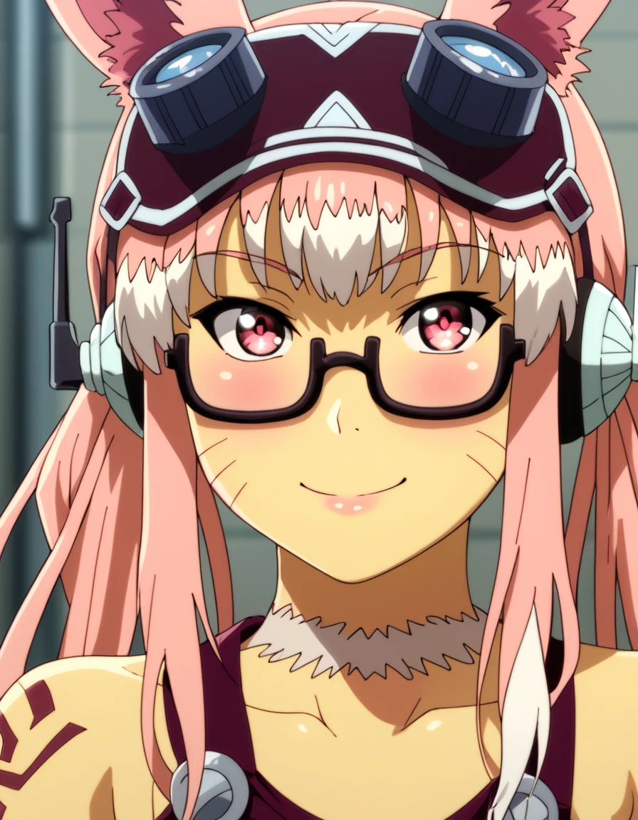 score_9, score_8_up, score_7_up, score_6_up, score_5_up, score_4_up, source_anime  <lora:PeterGrillPhilosophersTime:1>, soft smile, portrait Misslim, long hair, twintails, pink hair, glasses, pink eyes, rabbit girl, goggles on head, facial marks, colored skin, yellow skin, tattoo, rabbit tail,