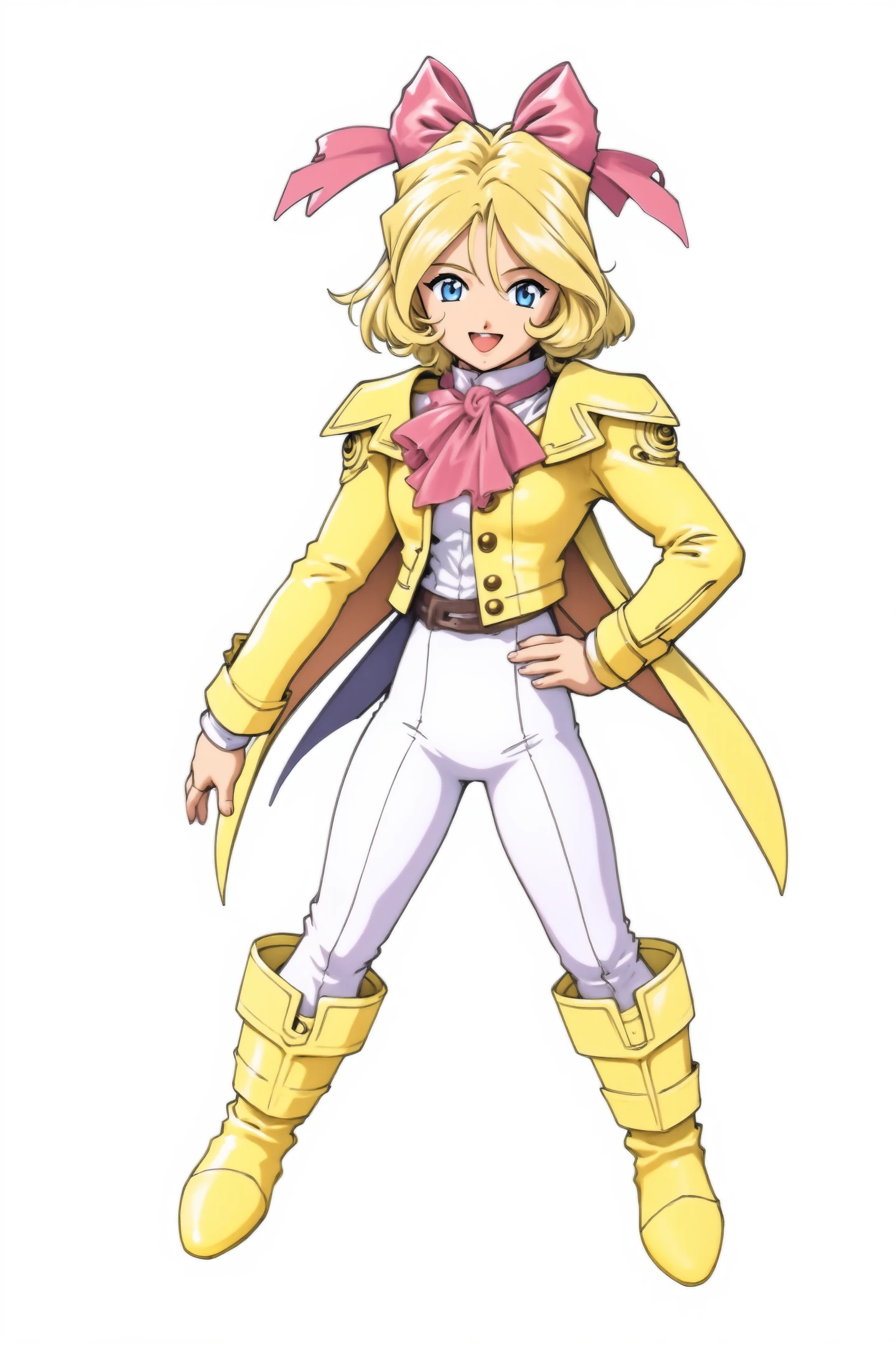 Iris Chateaubriand,1girl,solo,white background,bow,blonde hair,smile,gloves,full body,fingerless gloves,white pants,boots,big hair bow,pants,looking at viewer,yellow footwear,long sleeves,blue eyes,standing,pink bow,yellow jacket,open mouth,white gloves,sash,buttons,bowtie,bangs,shirt,wavy hair,ascot,parted bangs,short hair,ribbon,hair intakes,hair bow,hand on hip,knee boots,1990s (style),jewelry,
<lora:Sakura Wars_FLUX:1.3>,