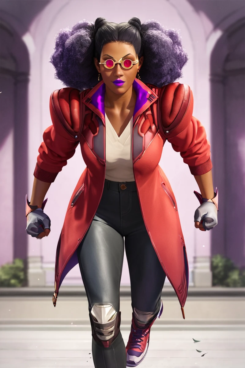 <lora:BazzConcordXL:1:lbw=CHARALL>, BazzConcord, afro, dark skin, red jacket, sunglasses, purple hair,  earrings, purple lips, black hair, gloves, two-tone hair, 
running, looking at viewer,, (masterpiece),(best quality),extreamly delicate and beautiful,illustration,absurdres, high quality,  anime style illustration,score_9, score_8_up, source_anime,score_9_up,, 1girl, solo,solo_focus,