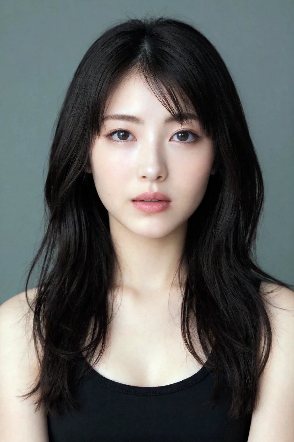 (medium full shot), beautiful korean girl with dark eyeshadow and eyeliner, red lips, long wavy hair , wearing black tanktop,  gray background, studio lighting, necklace, dslr, soft lighting, high quality, film grain,  light reflections, blood vessels,  pale skin, skin pores,blood vessels in sclera, detailed skin, beauty spots, skin fuzz, <lora:flux_realism_lora:1>,  <lora:makinaflux_hamabeminami_v1.0-000007:1>