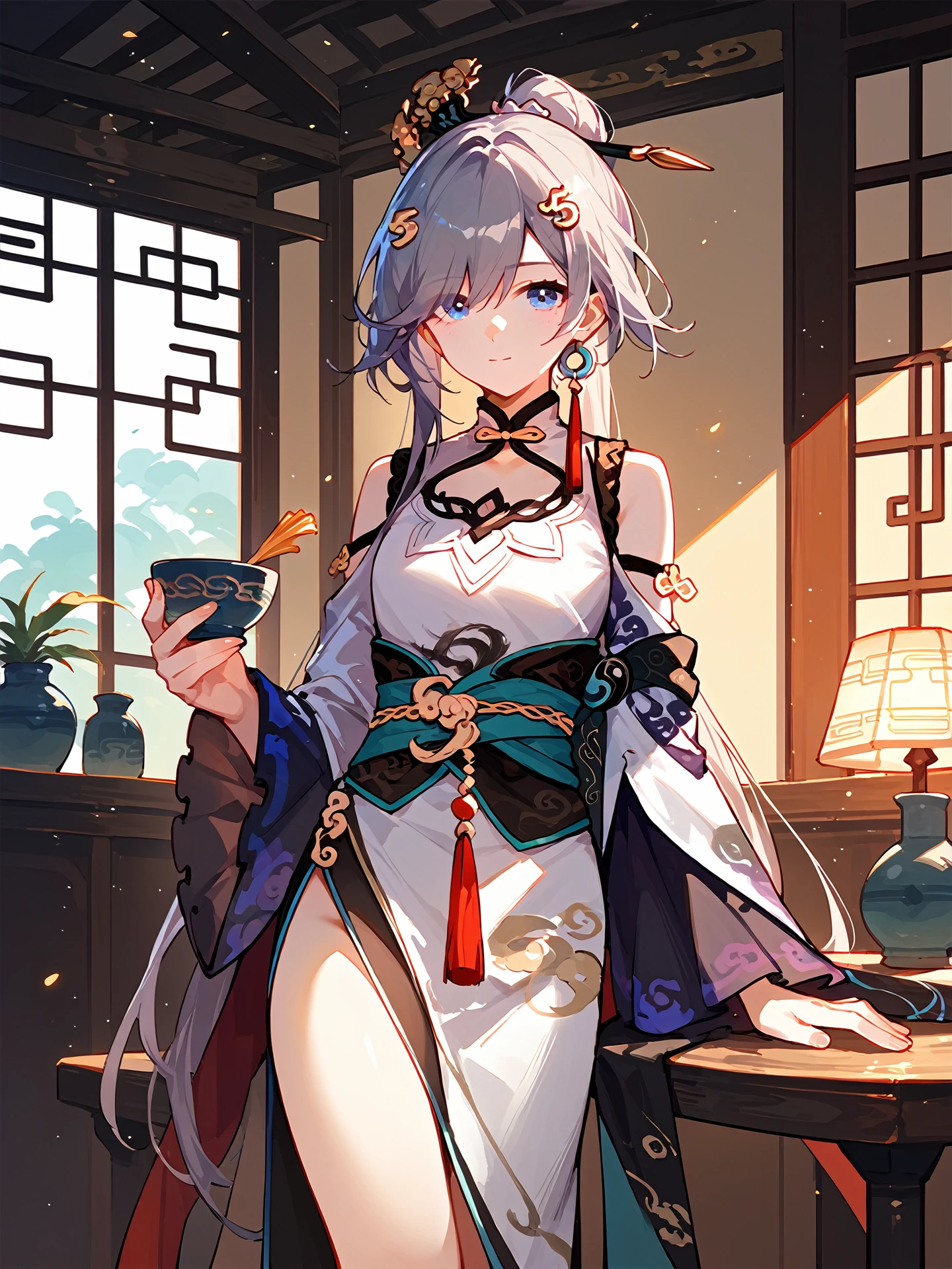 score_9, score_8_up, score_7_up, source_anime, 1girl, solo, <lora:FH_AE_PONY_v1:0.8>, Fu Hua(AE), chinese clothes, wide sleeves, hairpin, single earring, dark grey hair, indoors, holding cup,