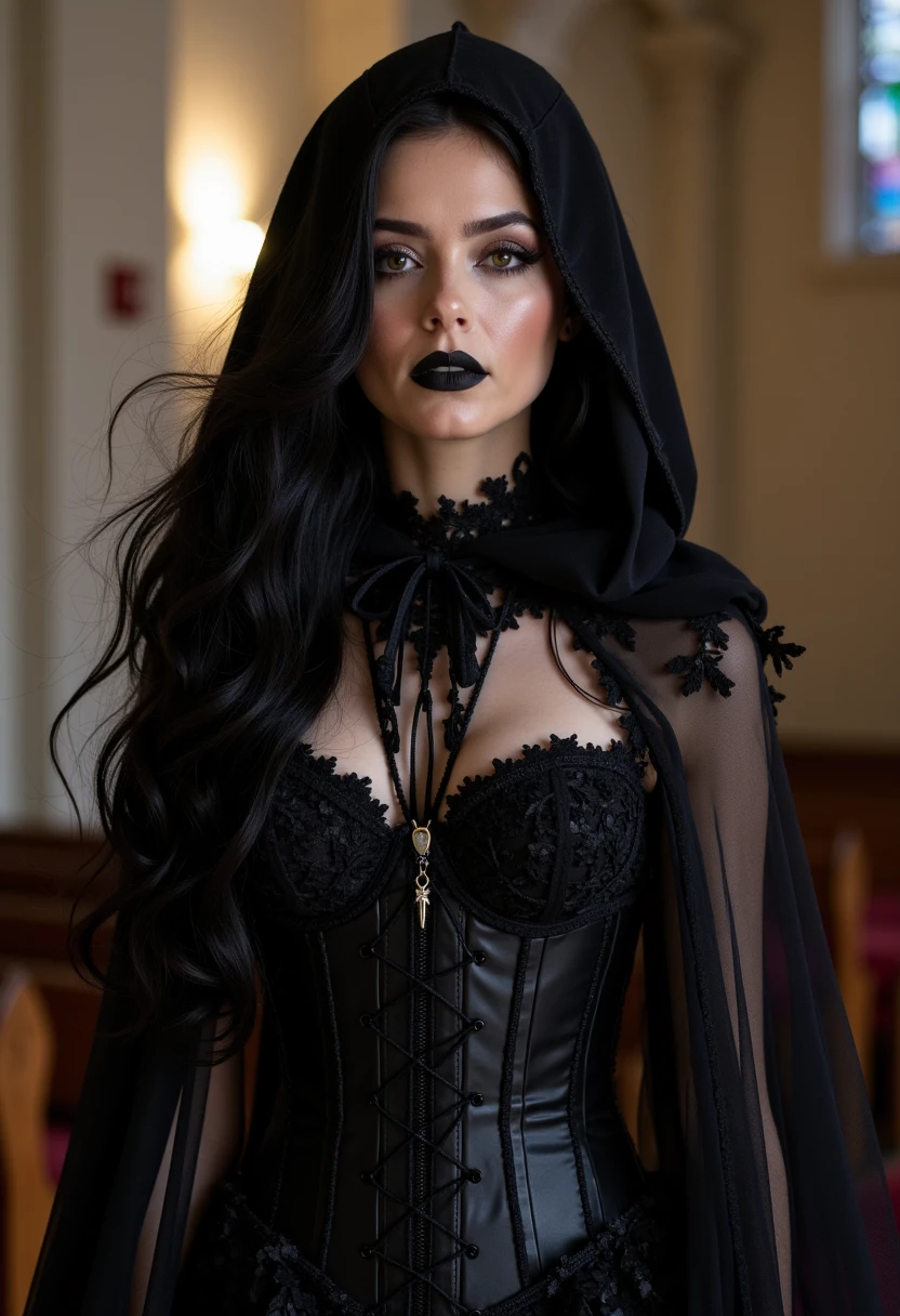 A woman with flowing long black hair, dark makeup, gazes at the viewer softly. her black dress is hud_m0thern4ture, a stunning full-length gown with a fitted bodice and a flared skirt. consisting of a corset, see-through hooded cape. the setting is a church and she is marrying her husband