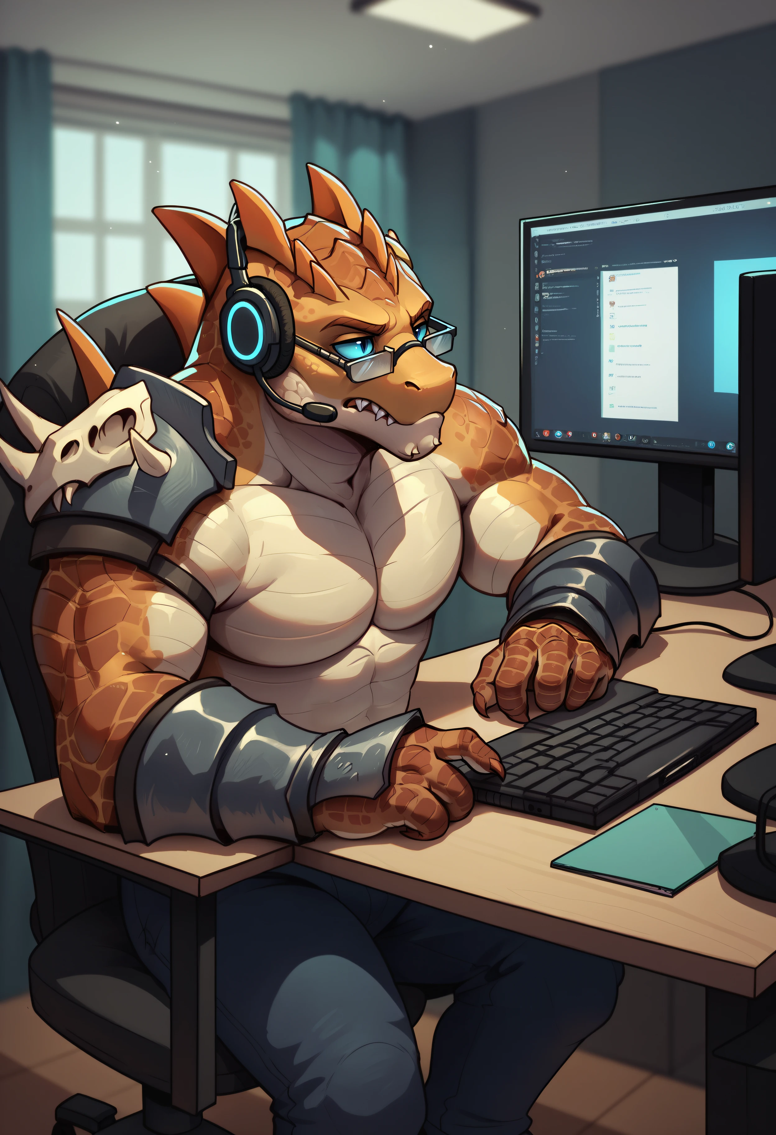 score_9, score_8, score_7, score_8_up, score_7_up, source_pony, BREAK, pbpdxl, 1boy, solo, arm armor, shoulder armor, spikes, claws, sharp teeth, scales, monster, blue eyes, colored sclera, interior, doing taxes, computer, nerd glasses, pecs, headset, desk, sitting, gauntlets, gloves, bored, resting on hand, monitor, <lora:PrimalBeast:0.7>