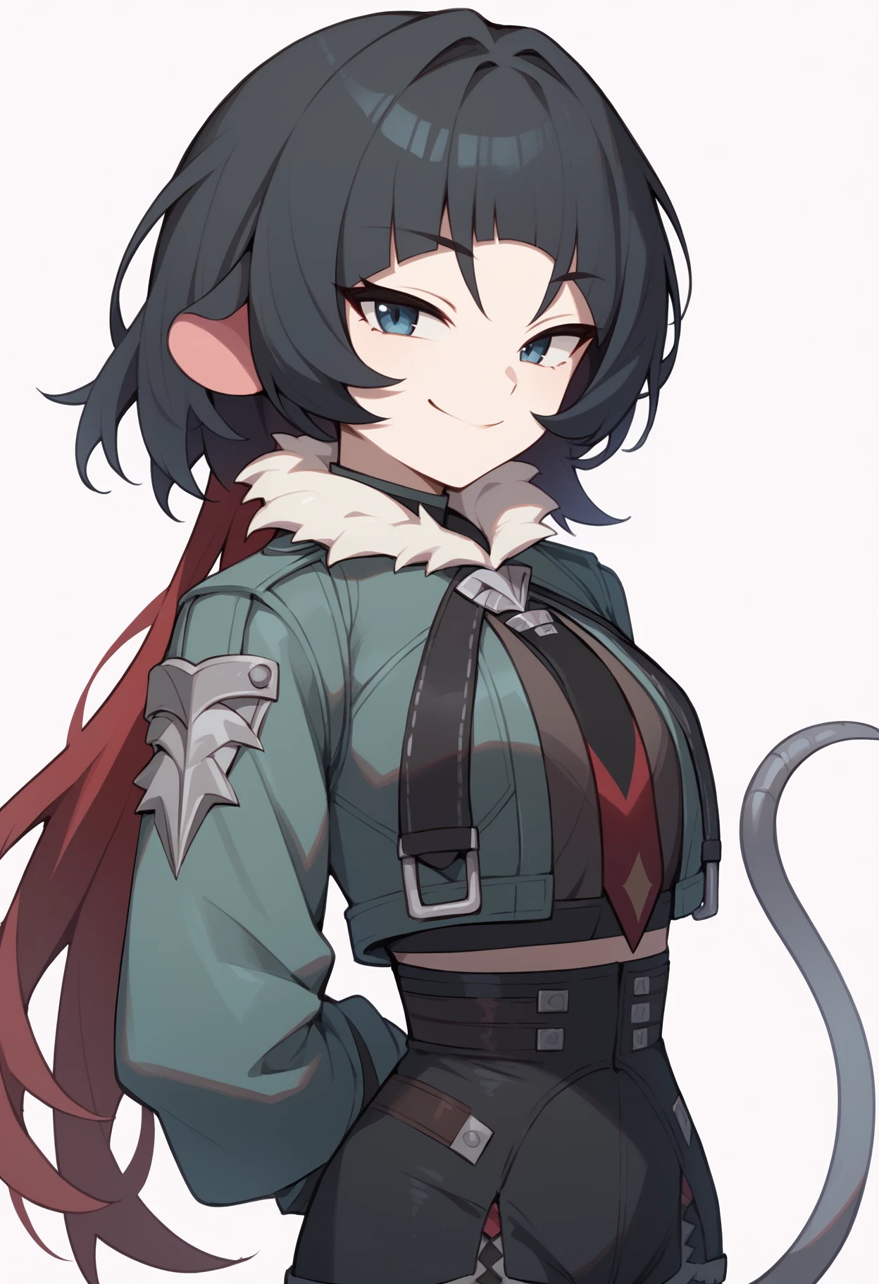 score_9, score_8_up, score_7_up, BREAK,
1girl, janedoe, bangs,  black hair, blue eyes, red hair, long hair,
mouse ears, tail,
fur-trimmed jacket,  green jacket, high-waist black shorts, long sleeves, red necktie,
arms behind back, upper body, smirk, solo, looking at viewer, simple background, white background   <lora:JaneDoeXL_byKonan:1>