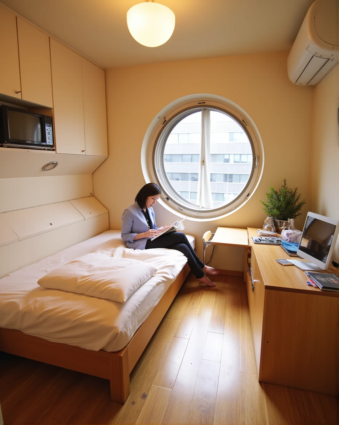 a wide angle interior photo of <lora:tstopaz_fl_20240822_1600:0.80> tstopaz Japanese woman on a bed reading a book inside the Nakagin Capsule Tower <lora:ts_f1d_nakagincapsuletower_v5_4000:1>