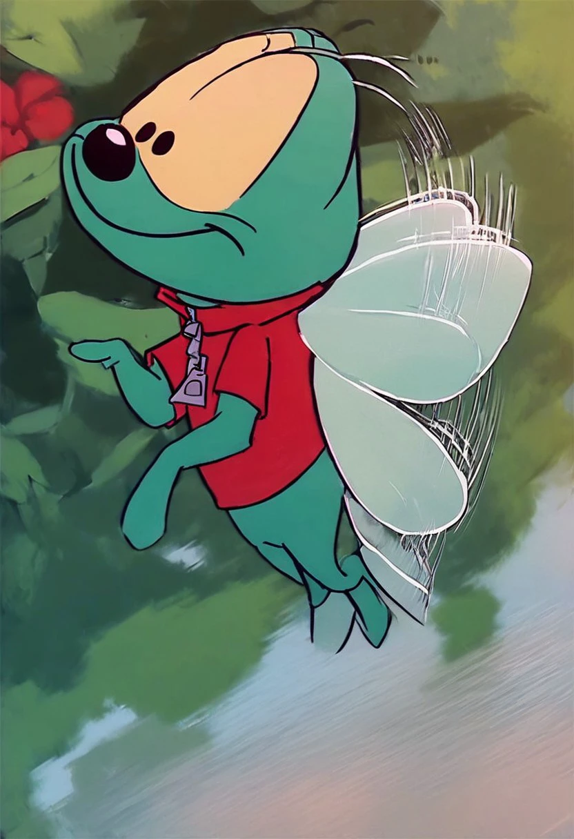 score_9, score_8_up, score_7_up, highly detailed, Zipper fly, male insect, wings, red shirt, fly wings, smile, open eyes, (summer park background:1,4), flying in the air, side view