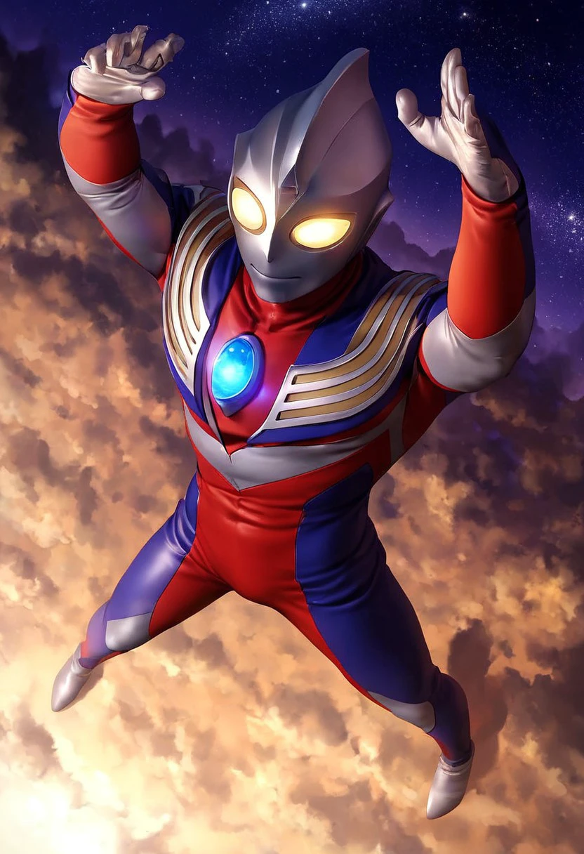 Score_9,score_8_up,score_7_up,score_6_up,score_5_up,score_4_up,source_anime,1boy,solo,no humans,yellow eyes,glowing_eye,mask,metal skin,colored skin,blue chest light,color timer,aliens,ultraman tiga,strong,masayoshi,giant,tokusatsu,arms up,legs together,flying,night,starry sky,(from above),<lora:Role_Ultraman_Tiga:0.9>,