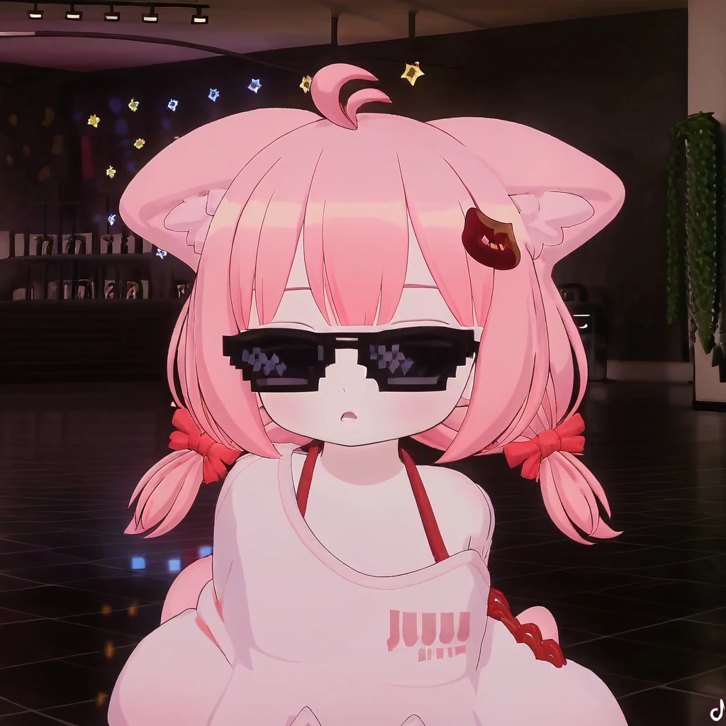 score_9, score_8_up, score_7_up, source_anime, <lora:_VRChat_Nyatasha_Nyanners:1>,  1girl, cat_tail, ahoge, animal_ears, sunglasses, tail, solo, cat_ears, pink_hair, cat_girl, bow, hair_bow, hair_ornament, low_twintails, twintails, photo_background, off_shoulder, red_bow, facing_viewer, virtual_youtuber, cat_hair_ornament, meme, cute, parted_lips, open_mouth, blush, straight-on, indoors, shirt, bra_strap, off-shoulder_shirt, medium_hair, standing, sweater, long_sleeves, short_twintails, ribbon, looking_at_viewer, animal_ear_fluff, :o, oversized_clothes, long_hair, child, pink_sweater, bare_shoulders, outdoors, star_(symbol), upper_body,