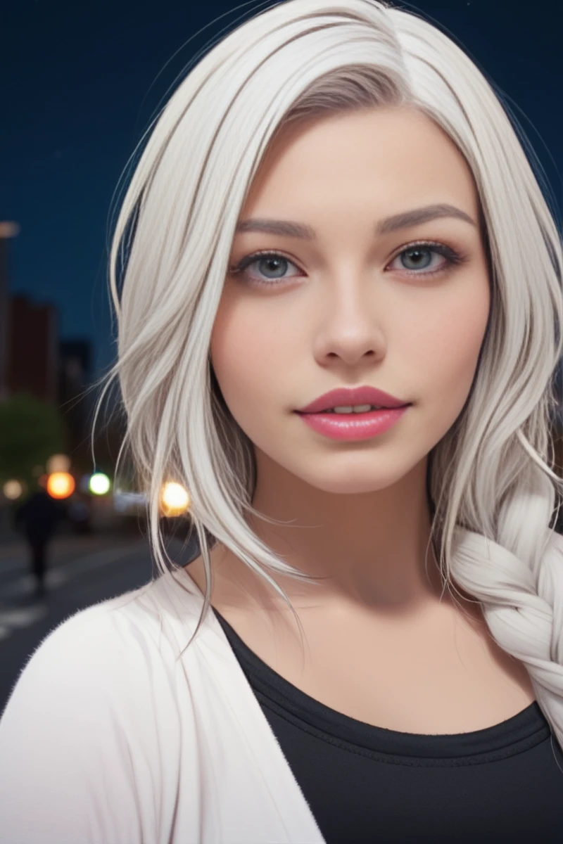 Ga-Hee JO, score_9, score_8, score_7, source_anime, GaHeeJoDove, 1woman, black dress, grey open cardigan, looking at viewer, city street, late at night, <lora:GaHeeJoDoveV2:0.9>, white hair, single braid, close-up, realistic