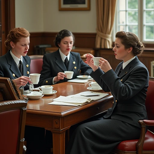 a detailed and realistic photograph of a group of women wearing wrens uniforms working in a 1940s office, sat drinking tea at a desk