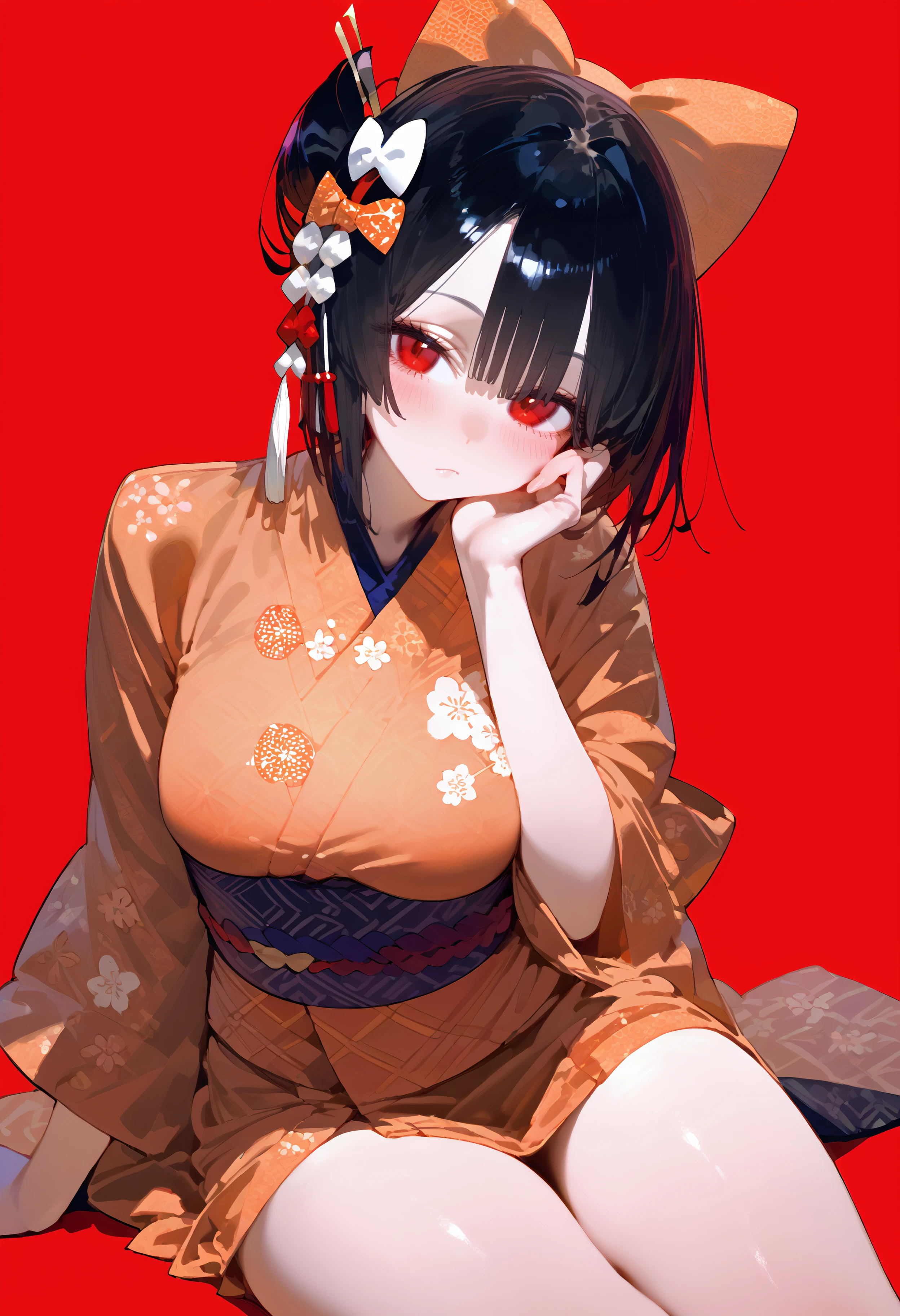 score_9, score_8_up, score_7_up, best quality, source_anime BREAK, eatsleep1111style, 1girl, red background, japanese clothes, orange kimono, black hair, red eyes, blush, sitting, large breasts, hair bow, short hair, simple background, looking at viewer, orange bow, hair ornament, closed mouth, hand on own face, arm support, thighs, <lora:EatSleep11111:1>