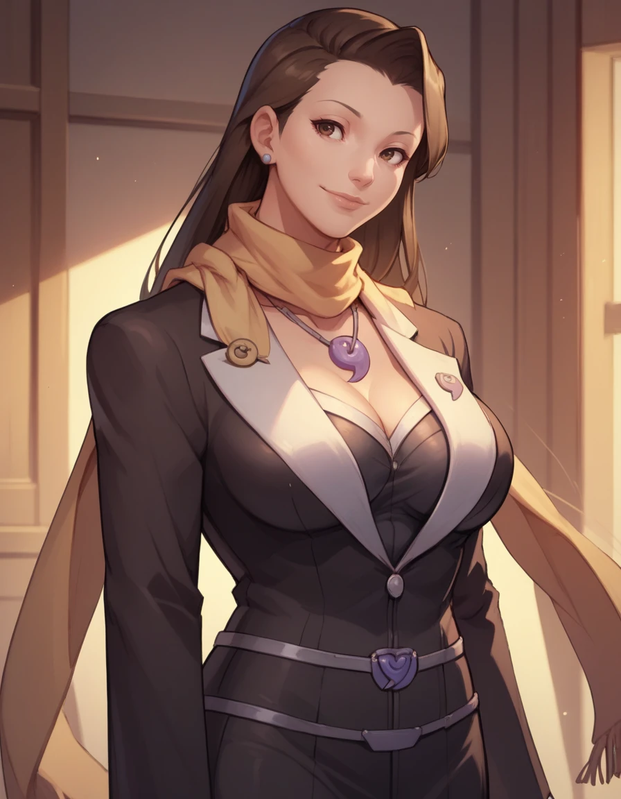 score_9, score_8_up, score_7_up, 
1girl, solo,
large breasts,
miafeyattorneydg, mature female, 
long hair, brown hair, brown eyes, 
jacket, necklace, scarf, skirt, magatama necklace, blazer,
head tilt, light smile,
 <lora:Mia Fey Attorney PXL v01:0.90>