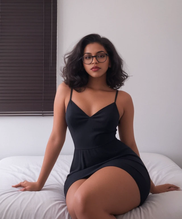 <lora:kaya-trap:1> kaya-trap, 
1girl, solo, armpits, blinds, realistic, glasses, window, breasts, black hair, lips, arm up, indoors, dark skin, dress, looking at viewer, long hair, black dress, thighs, dark-skinned female, curly hair, on bed, sitting, 1girl, solo, realistic, photorealistic, armpits, window blinds, glasses, black hair, indoors, lips, looking at viewer, dark skin, breasts, nose, on bed, arm behind head, arm support, dark-skinned female, arm up, camisole, sitting, black dress, dress