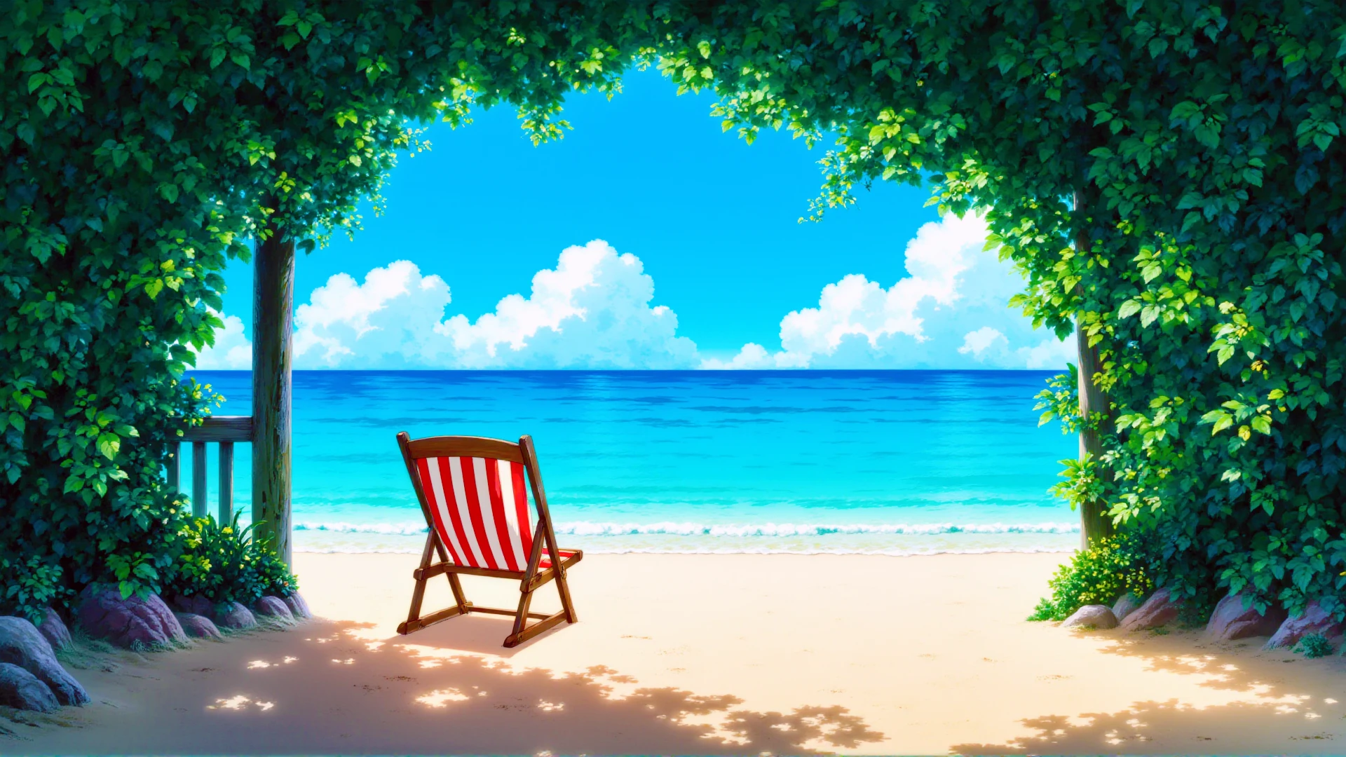 A cozyWallpaper image of a serene beach scene with a bright, clear blue sky and a few fluffy white clouds in the distance. The turquoise ocean gently laps at the sandy shore. In the foreground, there is a wooden beach chair with red and white stripes, placed under the shade of an archway that leads to the beach. The archway casts a shadow on the sand, creating a peaceful and inviting atmosphere. The scene is framed by lush green leaves at the top, adding a touch of nature to this tranquil seaside setting. The overall style of the image is vibrant and has a warm, summery feel. <lora:cozyWallpaper flux_epoch_18:1>