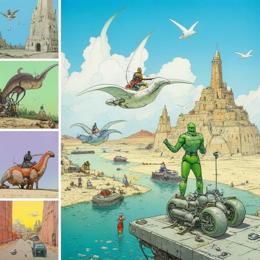 Two pteranodons are flying over a river with riders on their backs. Moebius, A green robot is standing on a platform with a large machine. Moebius, A person is standing next to a futuristic motorcycle in a desert landscape. Moebius, A painting of three different scenes with different colors and objects. Moebius, A painting of a castle with people on the edge and birds flying in the sky. Moebius