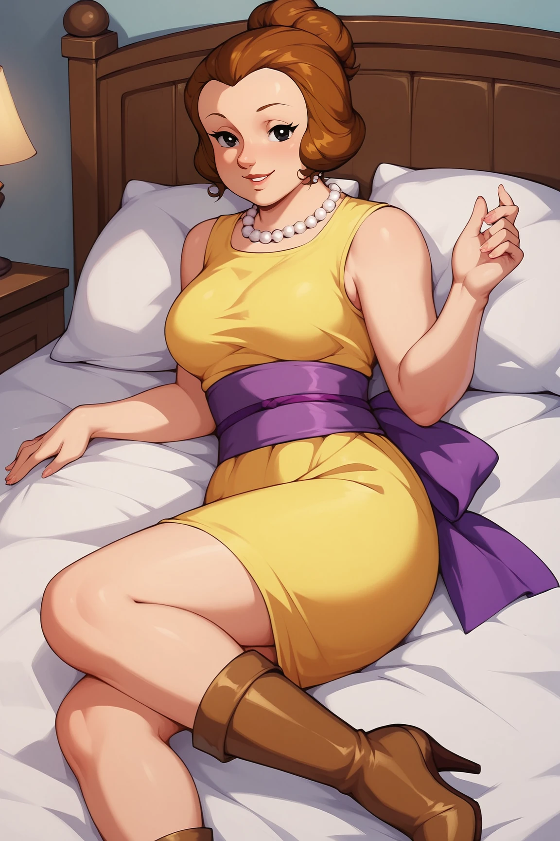 score_9, score_8_up, score_7_up, score_6_up, BREAK, KMammiMMXL, black eyes, brown hair, short hair, single hair bun, pearl necklace, medium breasts, mature female, yellow dress, sleeveless, purple sash, yellow skirt, brown boots, high heels, solo, full body, lying on bed, seductive smile, looking at viewer, indoors <lora:KMammiMMXL:1>