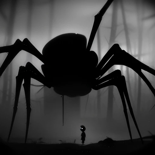 a kid is standing in a forest and looking at a giant spider next to him, <lora:LIMBO_STYLE:1>