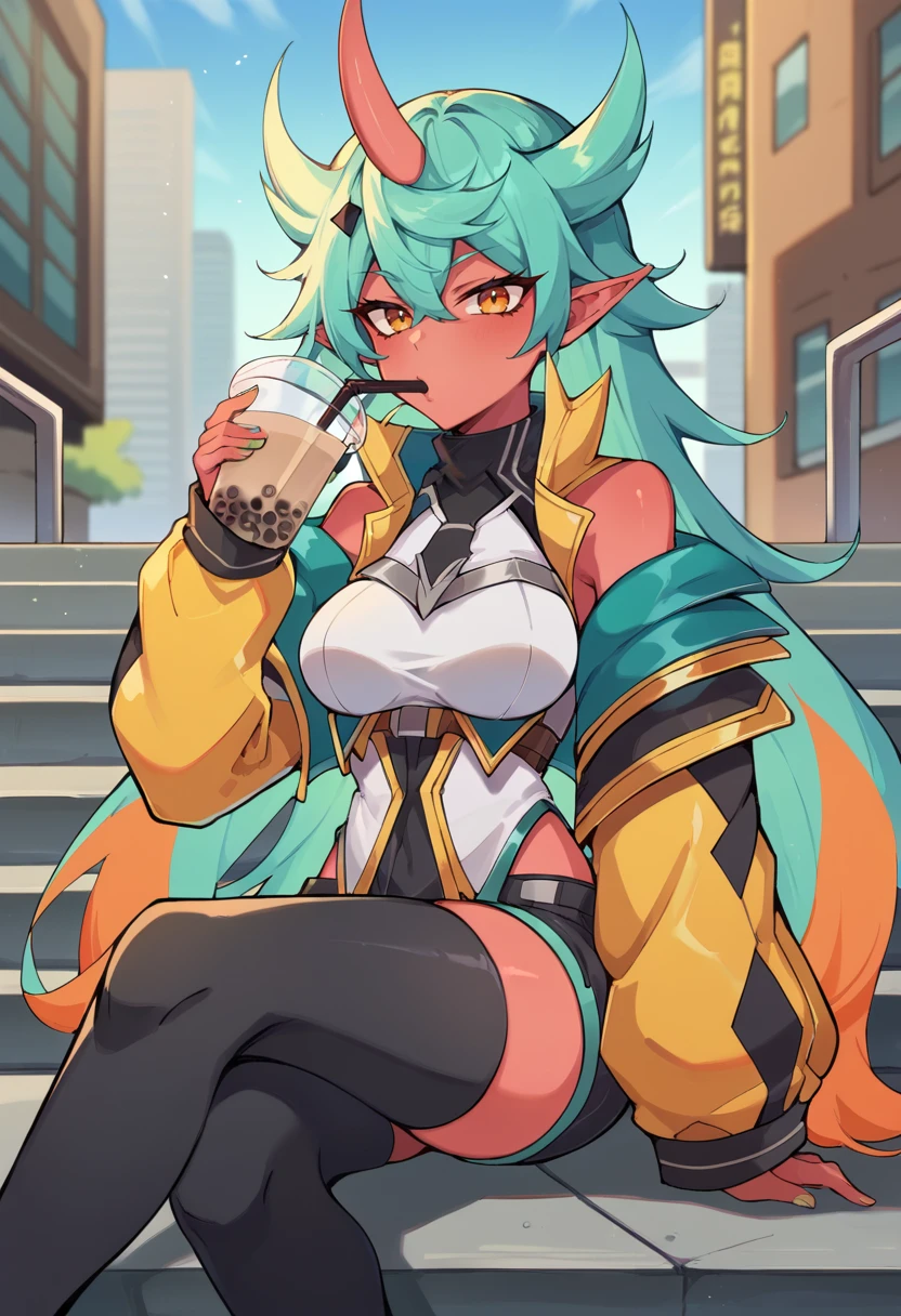 <lora:vyce-05:1>, vyce, long hair, single horn, blue hair, red skin, hair between eyes, pointy ears, black thighhighs, jacket, orange eyes, medium breasts, green hair, multicolored hair,  orange hair, bubble tea, drinking, drinking bubble tea with a straw,  sitting on stairs, city,, score_9, score_8_up, score_7_up, source_anime,