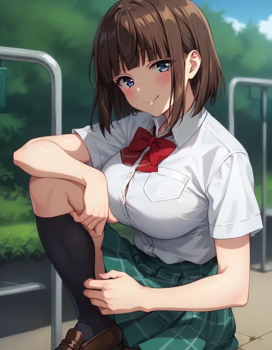 score_9,score_8_up,score_7_up,score_6_up BREAK official art,solo,outdoors,upper body,(portrait:1.5),looking at viewer,facing viewer,smile,blush,Toko Saionji,medium hair,brown hair,shiny hair,bob cut,sidelocks,blunt bangs,blue eyes,school uniform,red bowtie,white shirt,collared shirt,dress shirt,pocket,large breasts,skindentation,short sleeves,miniskirt,green skirt,pleated skirt,plaid skirt,black socks,loafers,<lora:Toko Saionji(hc)-Pony:1.6>,<lora:Smooth Anime Style LoRA XL:0.8>,