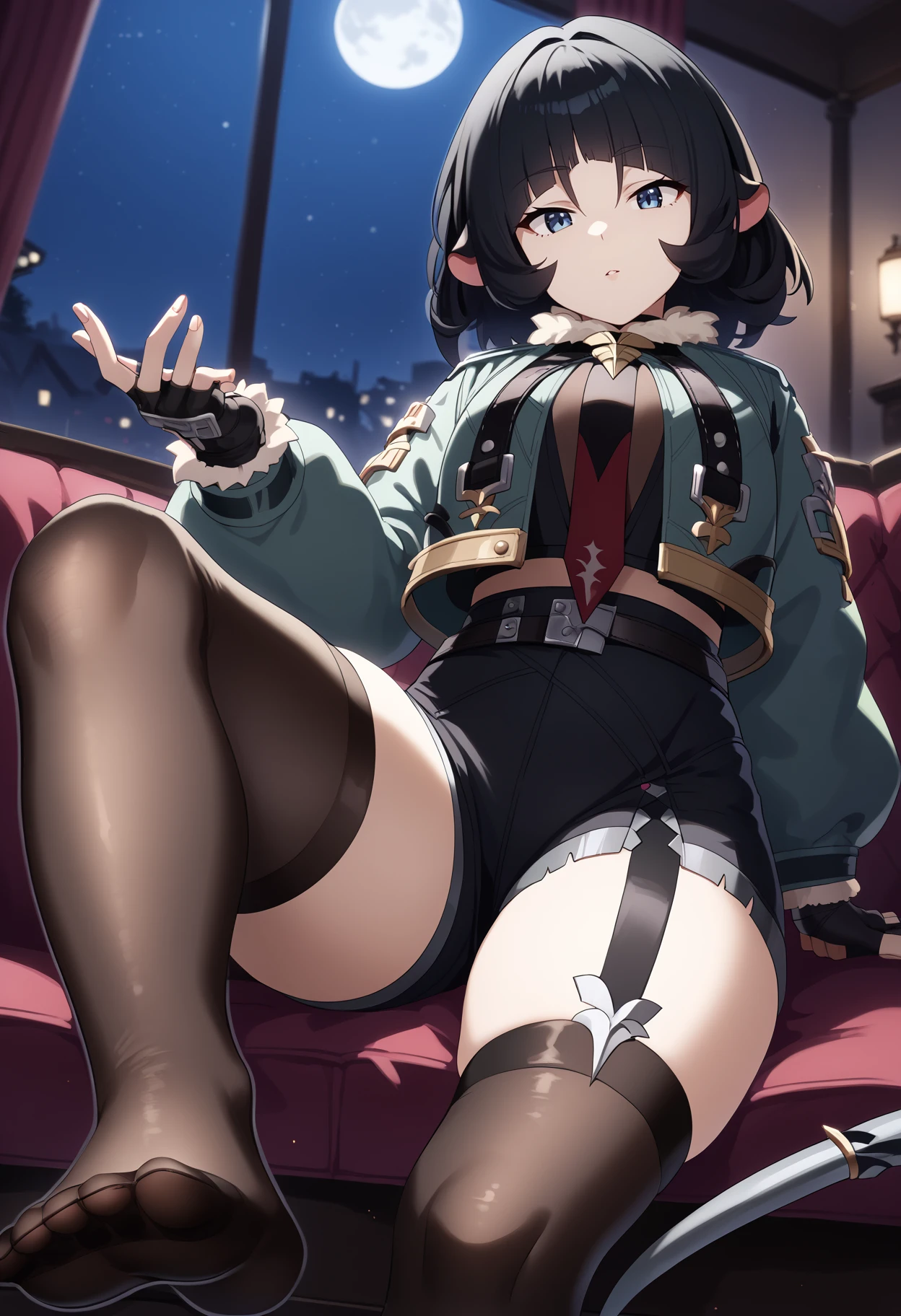 score_9, score_8_up, score_7_up, BREAK,
1girl, janedoe, bangs,  black hair, blue eyes, medium hair,
mouse ears,
fur-trimmed jacket, green jacket, high-waist black shorts, long sleeves, red necktie, belt, fingerless gloves, thighhighs,
sitting on a chair,
indoors, night, looking at viewer, view from below, foot focus, foreshortening, dark background <lora:JaneDoeXL_byKonan:1>