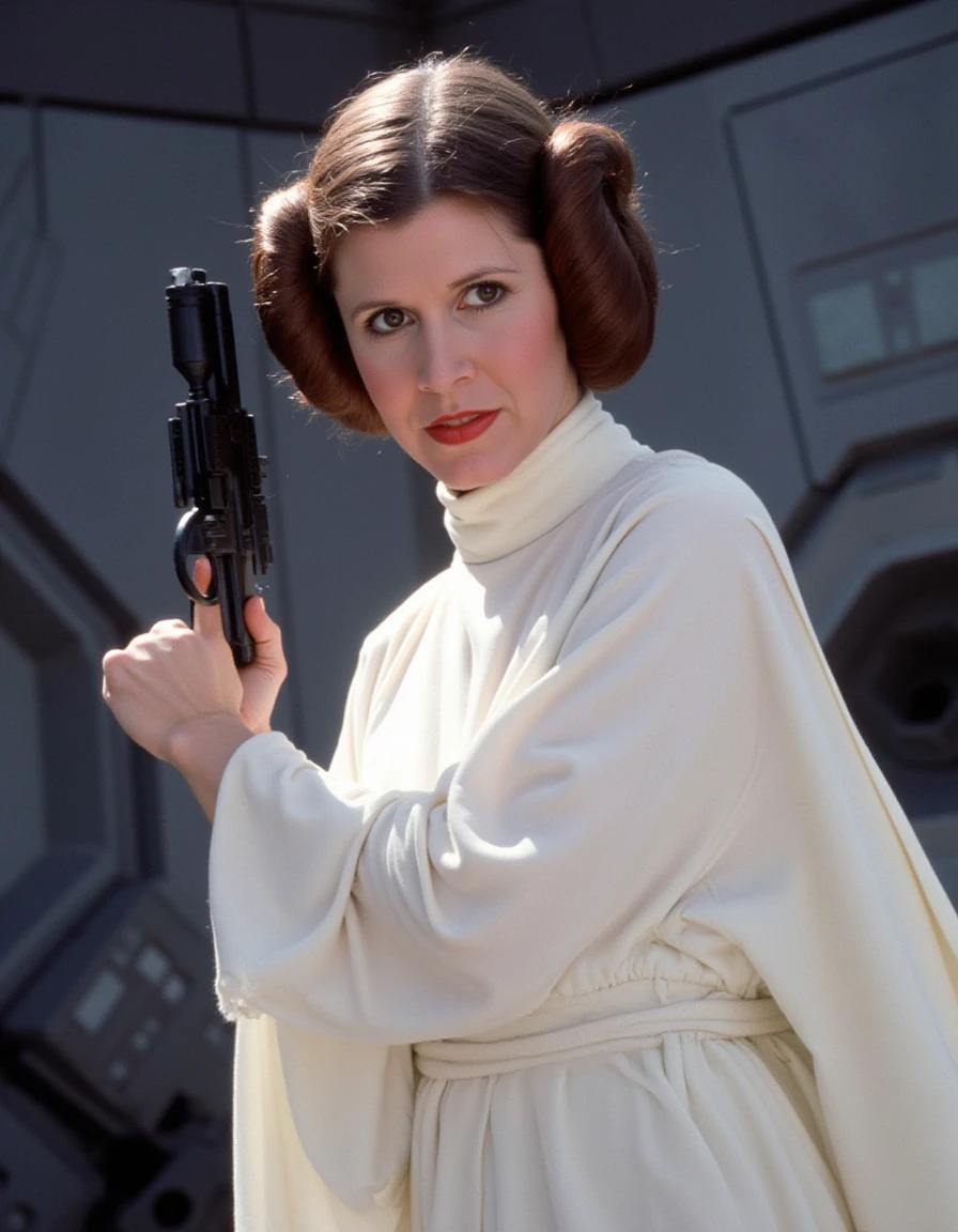 Carrie Fisher as Princess Leia, holding a blaster in a fierce pose, her determined gaze fixed on the horizon. Her classic white robes flow behind her as she stands ready for battle in the corridors of the Death Star.