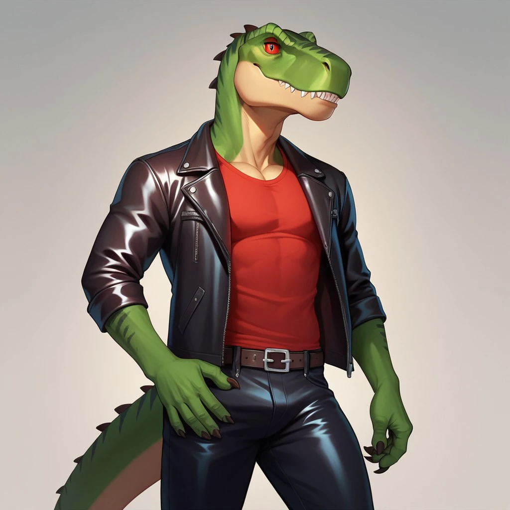 score_9, score_8_up, score_7_up, score_6_up, source_furry, Sharptoothlbt, anthro, male, Tyrannosaurus, theropod, dinosaur, scalie, green skin, red eyes, red sclera, dressed as a biker, <lora:cbd5649f-12a9-49eb-8f5e-d6343822b051:0.7>