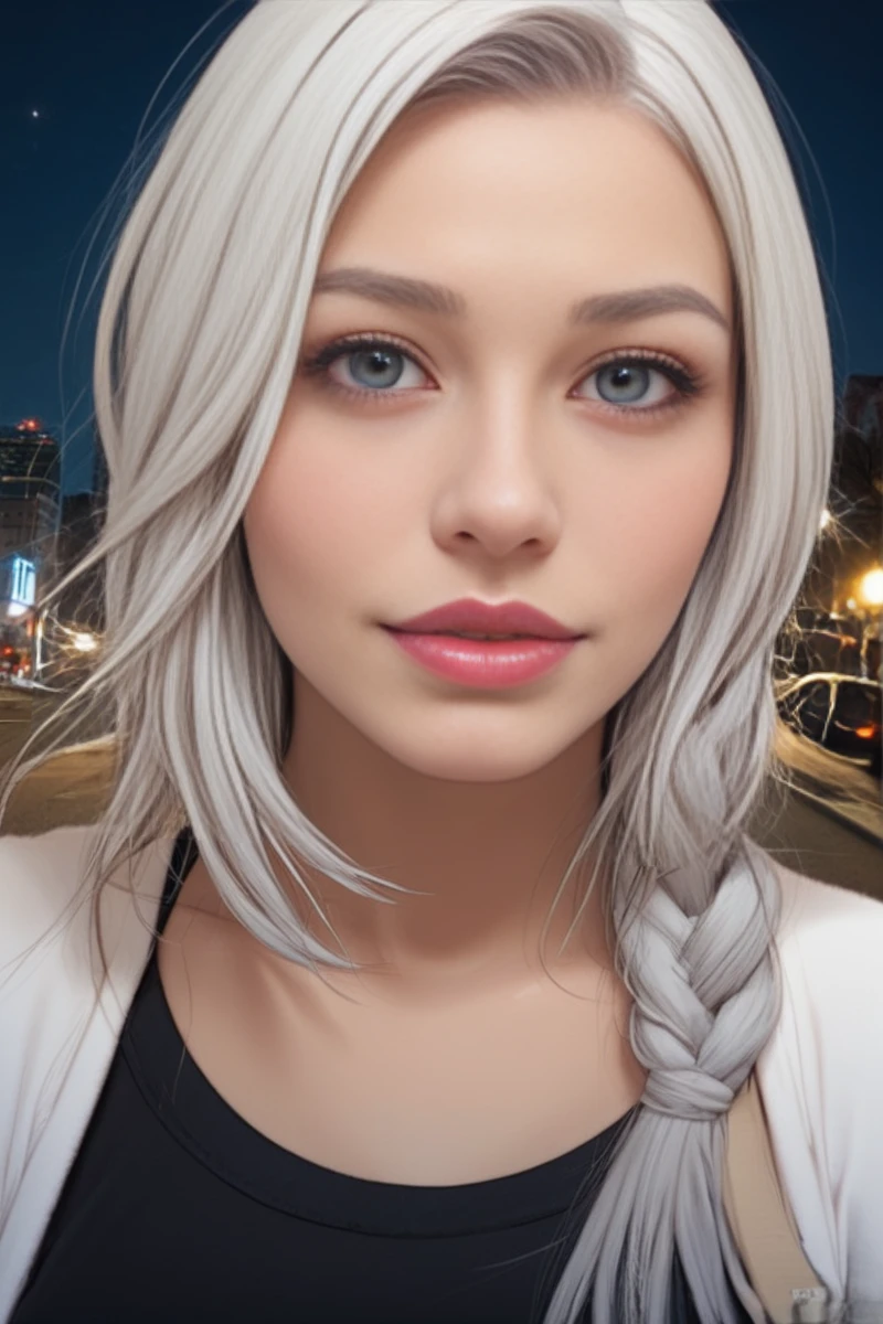 Ga-Hee JO, score_9, score_8, score_7, source_anime, GaHeeJoDove, 1woman, black dress, grey open cardigan, looking at viewer, city street, late at night, <lora:GaHeeJoDoveV2:0.9>, white hair, single braid, close-up, realistic