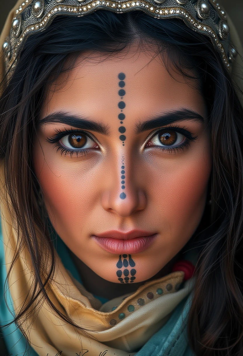 A striking portrait of a Moroccan woman with deep, soulful brown eyes and long, dark wavy hair, adorned with a delicate silver headpiece. Her face is intricately decorated with traditional Amazigh (Berber) tribal tattoos, featuring dots lines patterns running along her chin, and forehead.  ,Usham