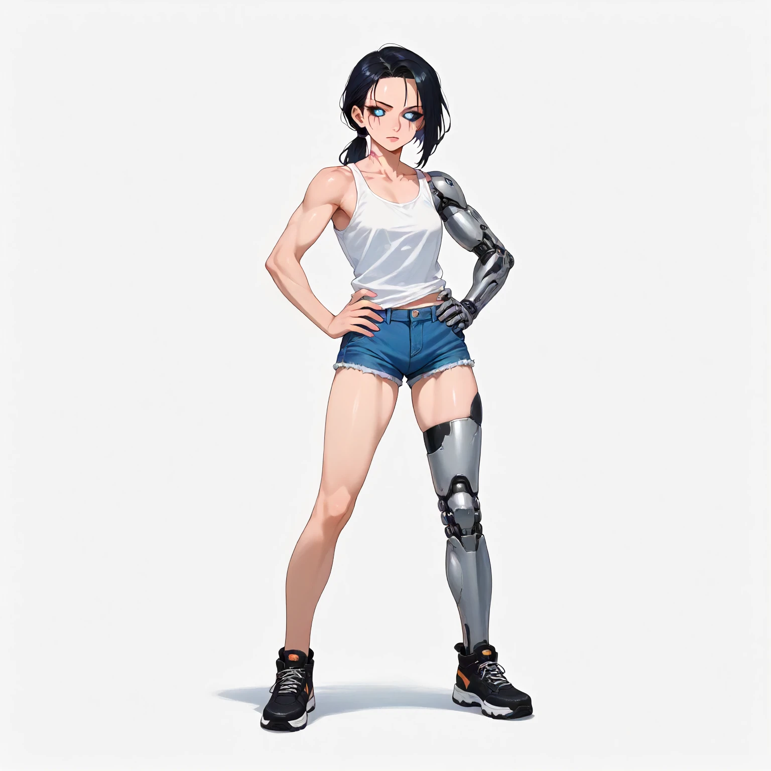 <lora:CoE Celia Stone:1> score9, full body, solo, looking at viewer. hands on hips BREAK coecelia, 1girl, (single cybernetic arm, single cybernetic leg:1.2), blue eyes, black sclera, cybernetic eyes, glowing eyes, neck scar. BREAK tank top, shorts.