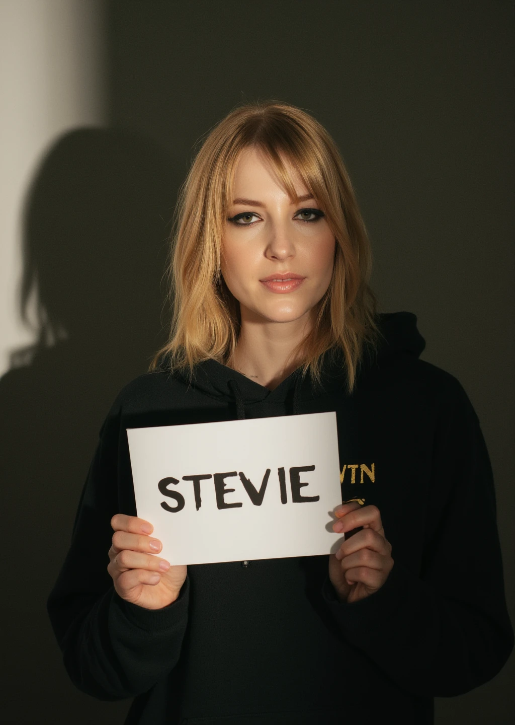 a close up portrait photograph of a clothed bleached blonde woman st3v13. she's holding a sign saying "STEVIE". she's wearing a black hoodie, and black eyeliner makeup. the room is illuminated by flash photography casting hard shadows.