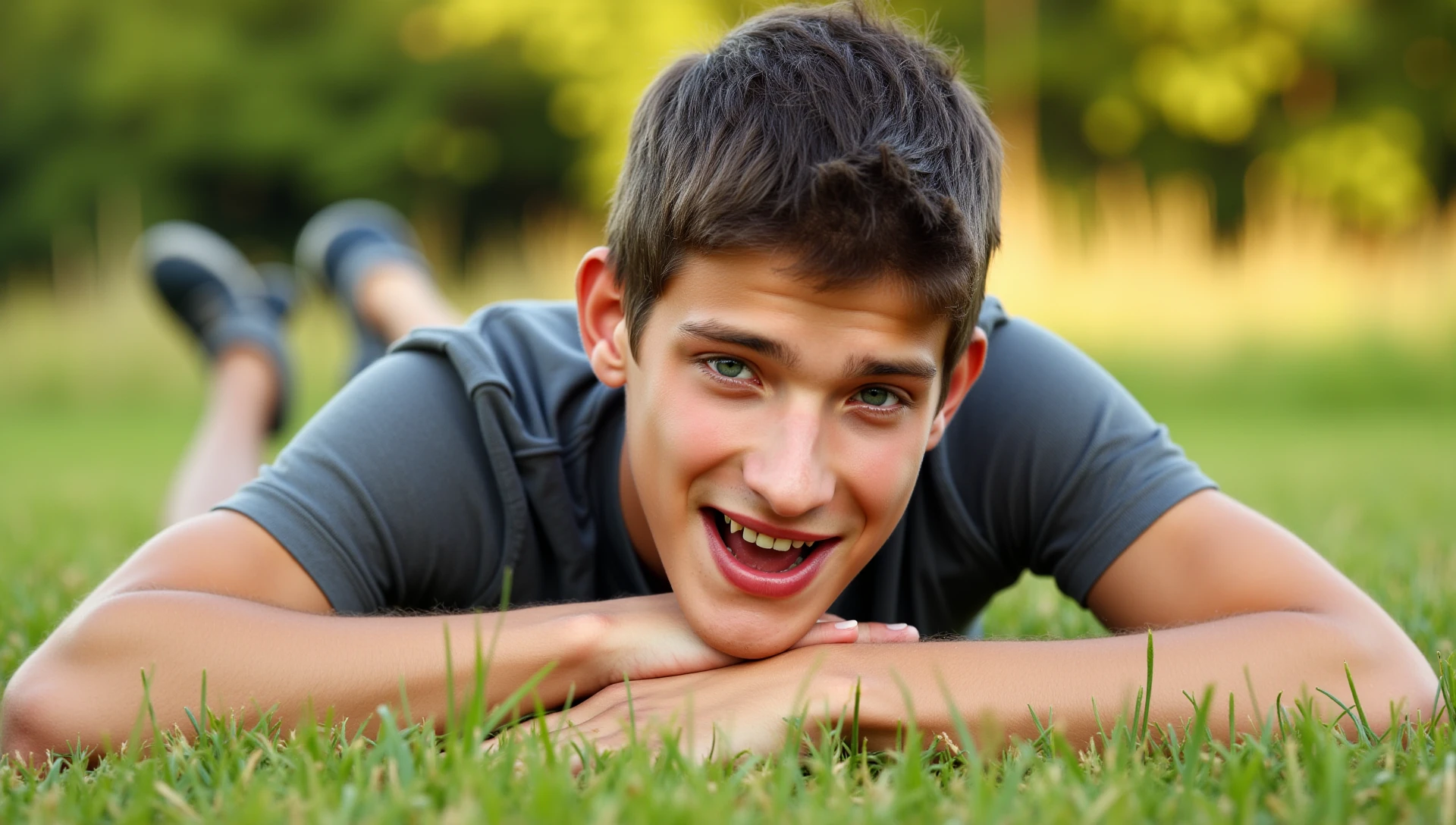 (danny, handsome male 20 yo) resting head on arm, open mouth, looking at viewer. Lying on stomach on grass, in a meadow, maple trees in the background. He is very close and slightly above the viewer. Casual clothes. The sun shines on his face. Close-up portrait