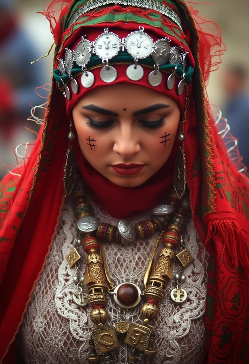 a Moroccan woman dressed in traditional attire, with distinct cultural elements. she is wearing a red headscarf adorned with silver coins or ornaments, and vibrant red and green cloth accents. her face has delicate Usham symbols, particularly around the forehead, cheeks, and chin, adding to the cultural significance. They are also wearing a layered white lace garment over their shoulders, and an ornate necklace with large beads and symbolic pendants. The overall atmosphere is ceremonial or traditional, with a sense of solemnity or reverence, suggested by the person’s downward gaze and thoughtful posture.,adrr-tsfft