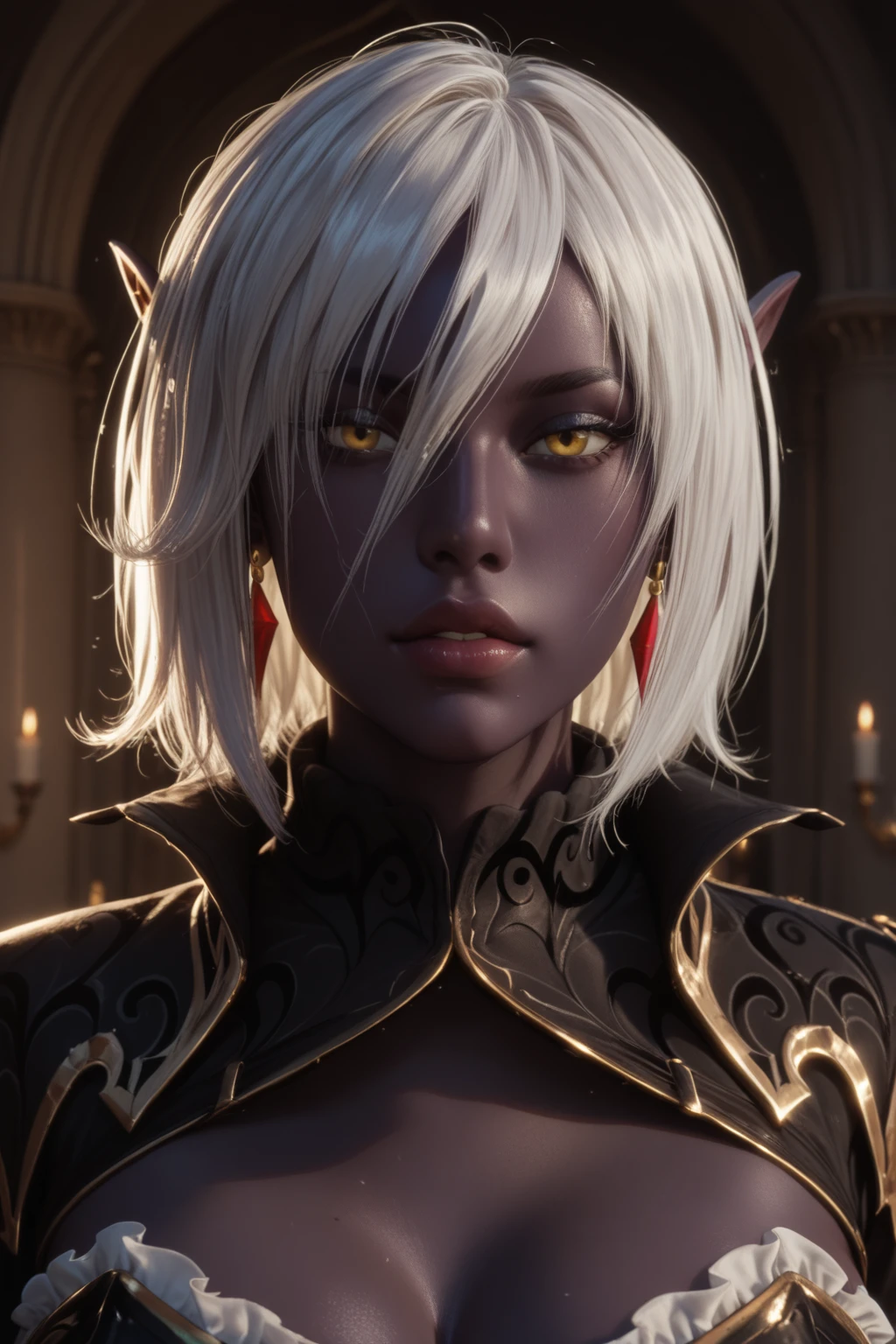 (score_9, score_8_up:1.1), score_7_up, score_X, score_Y_up, 1girl,
<lora:nualia:1>queen_nualia, nualia, dark elf, drow, shadow elf, ebon elf, night elf, pale blue skin, bluish skin, purple skin, dark blue skin, golden eyes, glowing yellow eyes, luminous eyes, white hair, silver hair, long hair, short hair, bob cut, flowing hair, styled hair, pointed ears, elongated ears.
dark attire, black armor, golden accents, formal wear, golden earrings, emblems, symbols, regal posture, intense gaze, mysterious aura, blue tones theme, white tones theme, dark tones theme, purple tones theme, Eyes sometimes red, sometimes purple,, Glamour portrait, beautiful woman, elegant pose, flawless skin, vibrant makeup, styled hair, soft lighting, bokeh background, high fashion, studio quality, professional photography, magazine cover style.