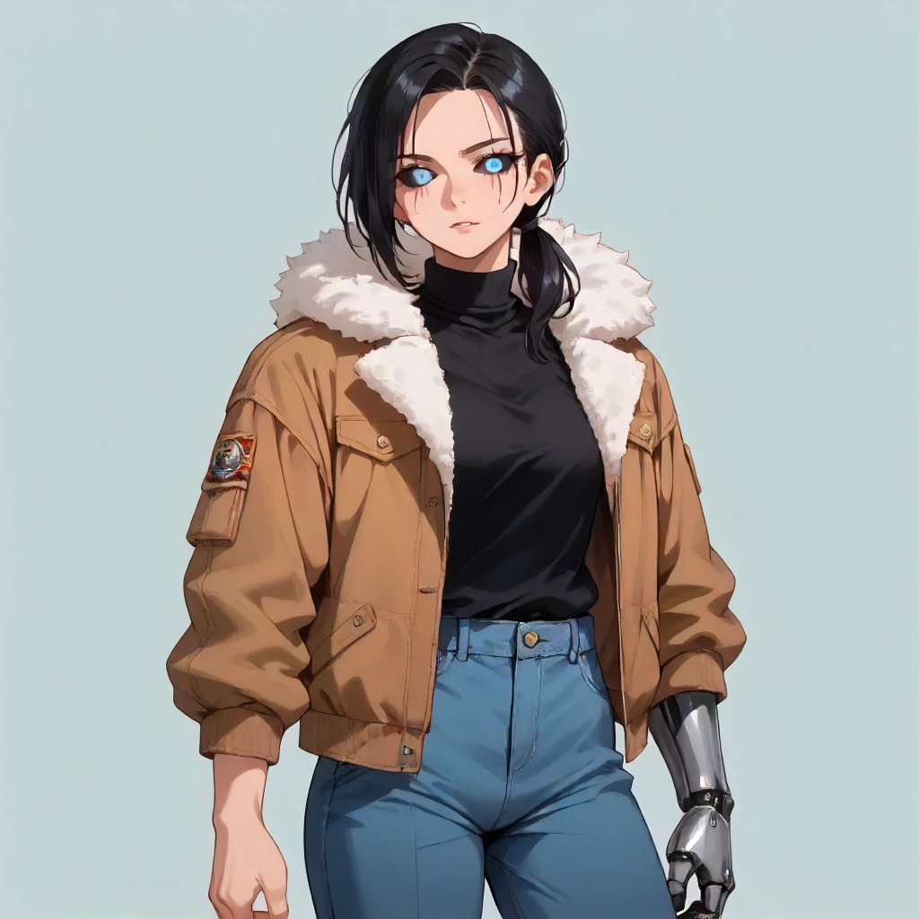 <lora:CoE Celia Stone:1> score9, portrait, cowboy shot, solo, looking at viewer. BREAK coecelia, 1girl, (single cybernetic arm, single cybernetic leg:1.2), blue eyes, black sclera, cybernetic eyes, glowing eyes, neck scar. BREAK dark brown bomber jacket, fur lined jacket, black turtleneck, navy blue cargo pants, boots.
