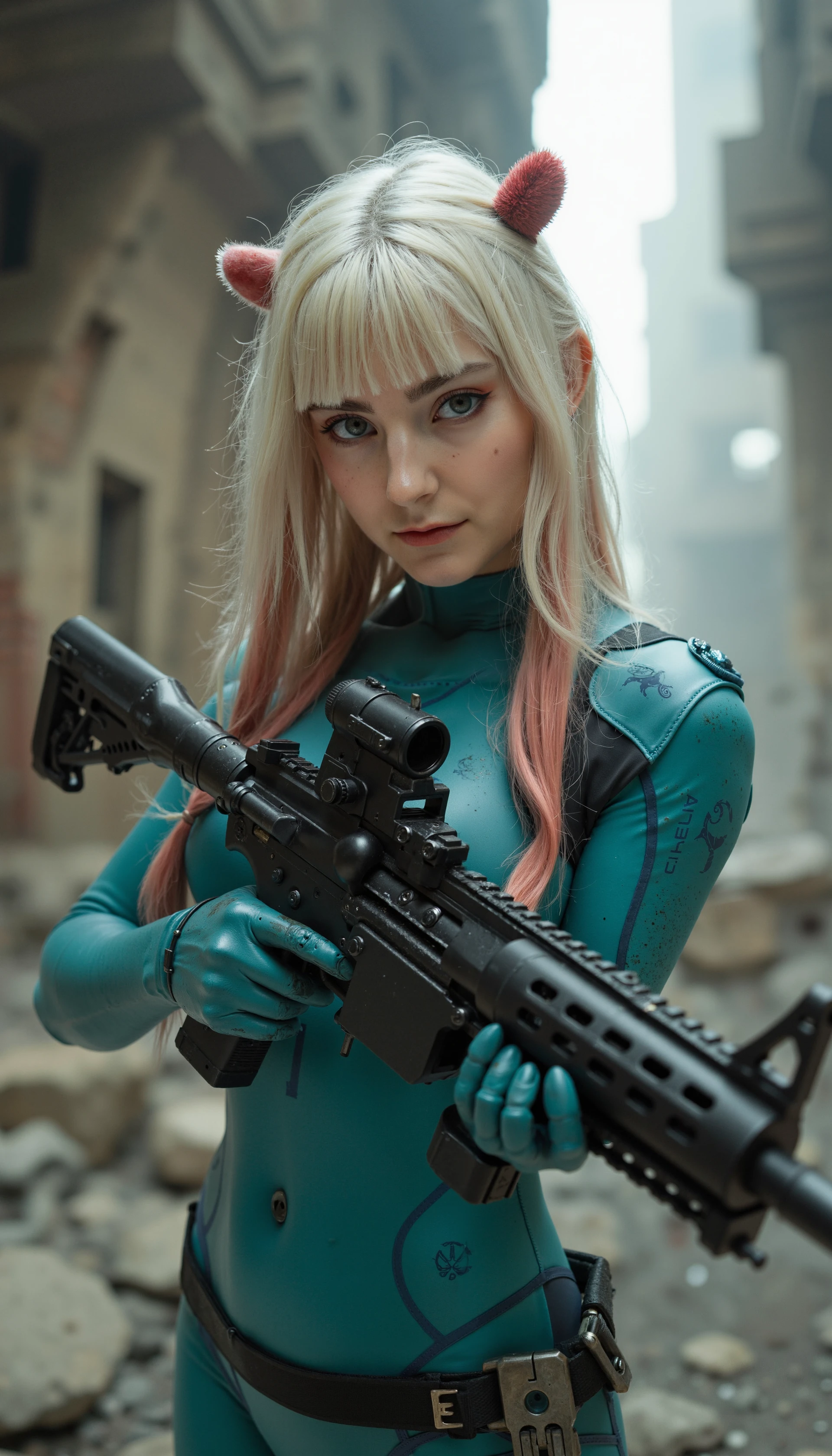 p3r5on with pale skin and long, platinum blonde hair great lighting, intricate detail, beautiful, stunning space marine, two-tone hair, long blonde hair with red streaks, bangs, skin-tight teal body armor with dark blue accents, holding assault rifle, aiming at viewer, in alien city ruins, High Detail, Perfect Composition, movie scenes, highly detailed. Photorealistic rendering, dramatic lighting, sharp contrast