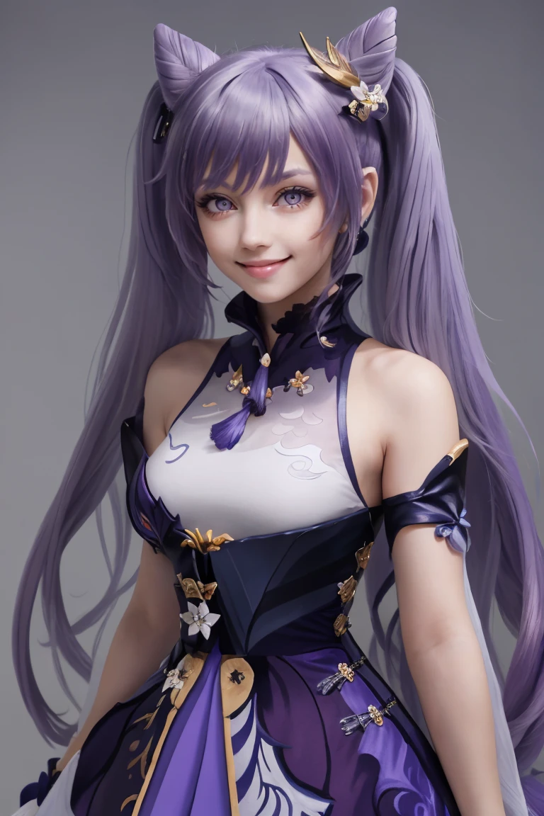 (masterpiece, best quality:1.2), solo, beautiful eyes, <lora:Keqing_Genshin:0.8>,  Keqing_Genshin, 1girl, solo, long hair, twintails, very long hair, purple hair, cone hair bun, purple eyes, keqing \(genshin impact\),  hair ornament, purple dress, smile, looking at viewer, upper body,