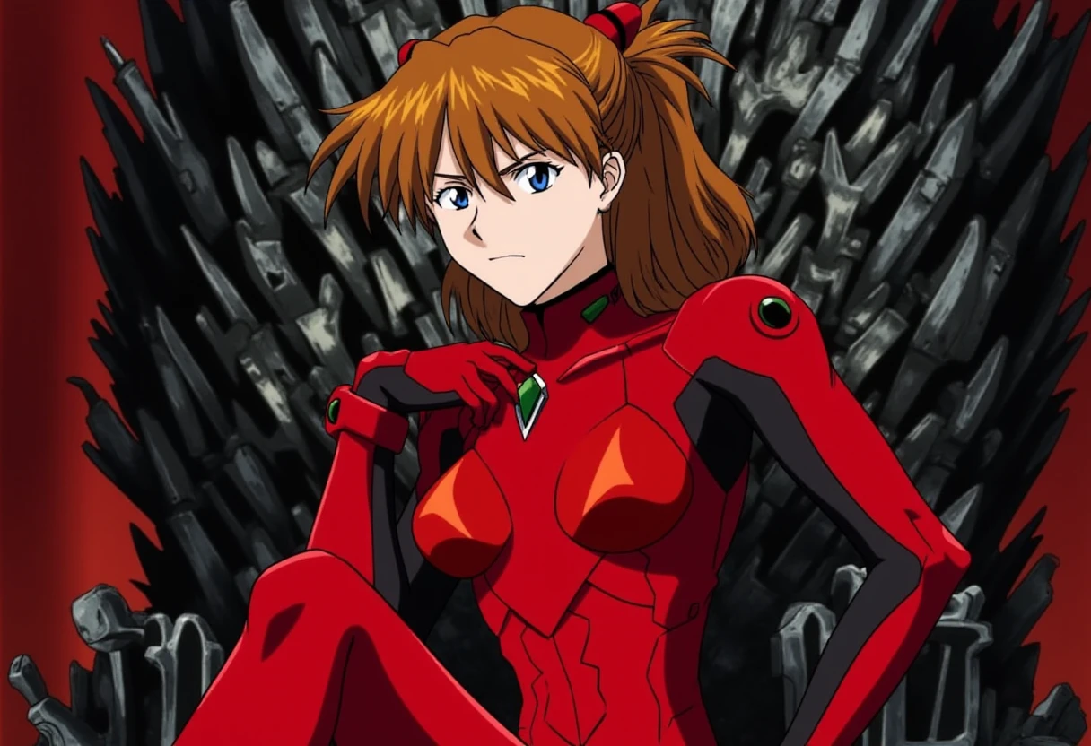 A detailed solo portrait of ppasuka. She has chestnut brown  hair.
ppasuka in red plug suit. She sits on the iron throne from game of thrones, one leg over another. She has a confident and haughty look.
anime still, highly detailed. No flat color, no hand drawn, no fan art.
anime.
 <lora:Asuka_Langley_flux_prototype_v2-000010:1>