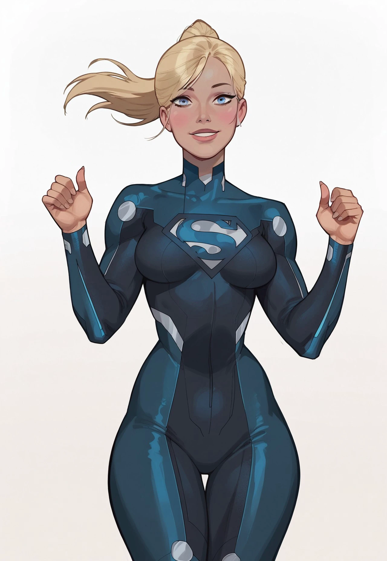 safe_pos, score_9, score_8_up,score_7_up, score_6_up, masterpiece, best quality, supergirl,large breasts,ponytail,krypton suit, krypton bodysuit, ,from front,standing, sexy pose, smile,white background,massive glutes, blue superman logo,thicc,blue eyes,perfect body, looking at viewer ,perfect eyes, detailed eyes