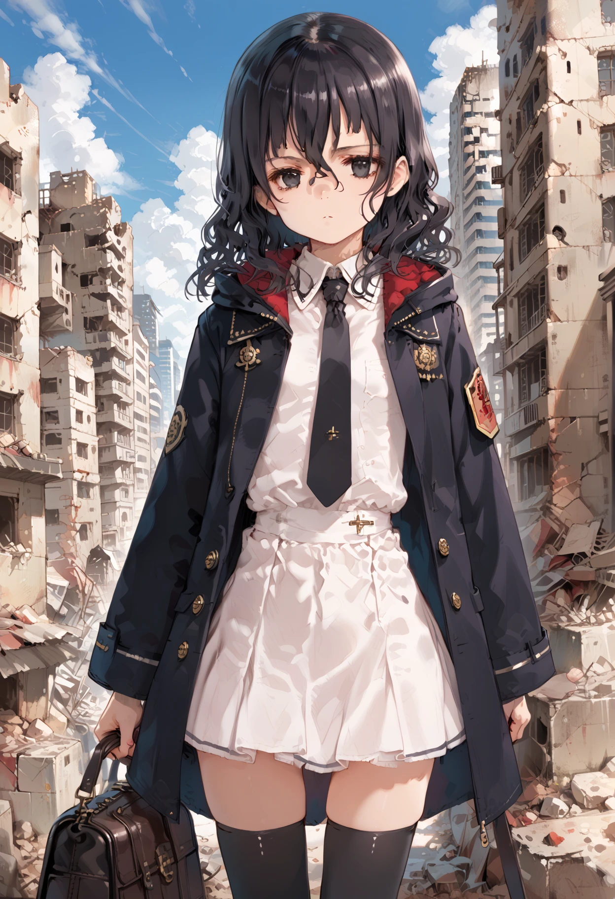 score_9,score_8_up,score_7_up,source_anime BREAK masterpiece,best quality,very aesthetic,absurdres,1girl,
<lora:thouka_p_v1.1:1>,thouka,black eyes,black hair,hair between eyes,duffel_coat,white blouse,black tie,gray pencil skirt,black_thighhighs,loafers,<lora:Fixhands_anime_bdsqlsz_V1:1>,standing,expressionless,face_focus,Skyscraper,city,rubble_ruins,in winter,upper_body,medium_shot,front view,, masterpiece,best quality, very aesthetic, absurdres, ultra detailed, high resolution, 4k, extremely detailed CG,