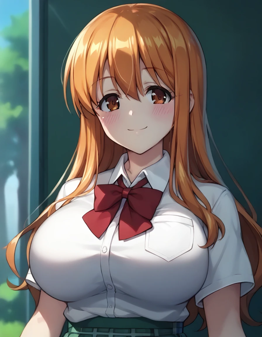 score_9,score_8_up,score_7_up,score_6_up BREAK official art,solo,outdoors,upper body,(portrait:1.5),looking at viewer,facing viewer,smile,blush,Aki Minami,long hair,orange hair,sidelocks,hair between eyes,bangs,brown eyes,school uniform,red bowtie,white shirt,collared shirt,dress shirt,pocket,large breasts,skindentation,short sleeves,miniskirt,green skirt,pleated skirt,plaid skirt,black socks,loafers,<lora:Aki Minami(hc)-Pony:1.5>,<lora:Smooth Anime Style LoRA XL:0.8>,