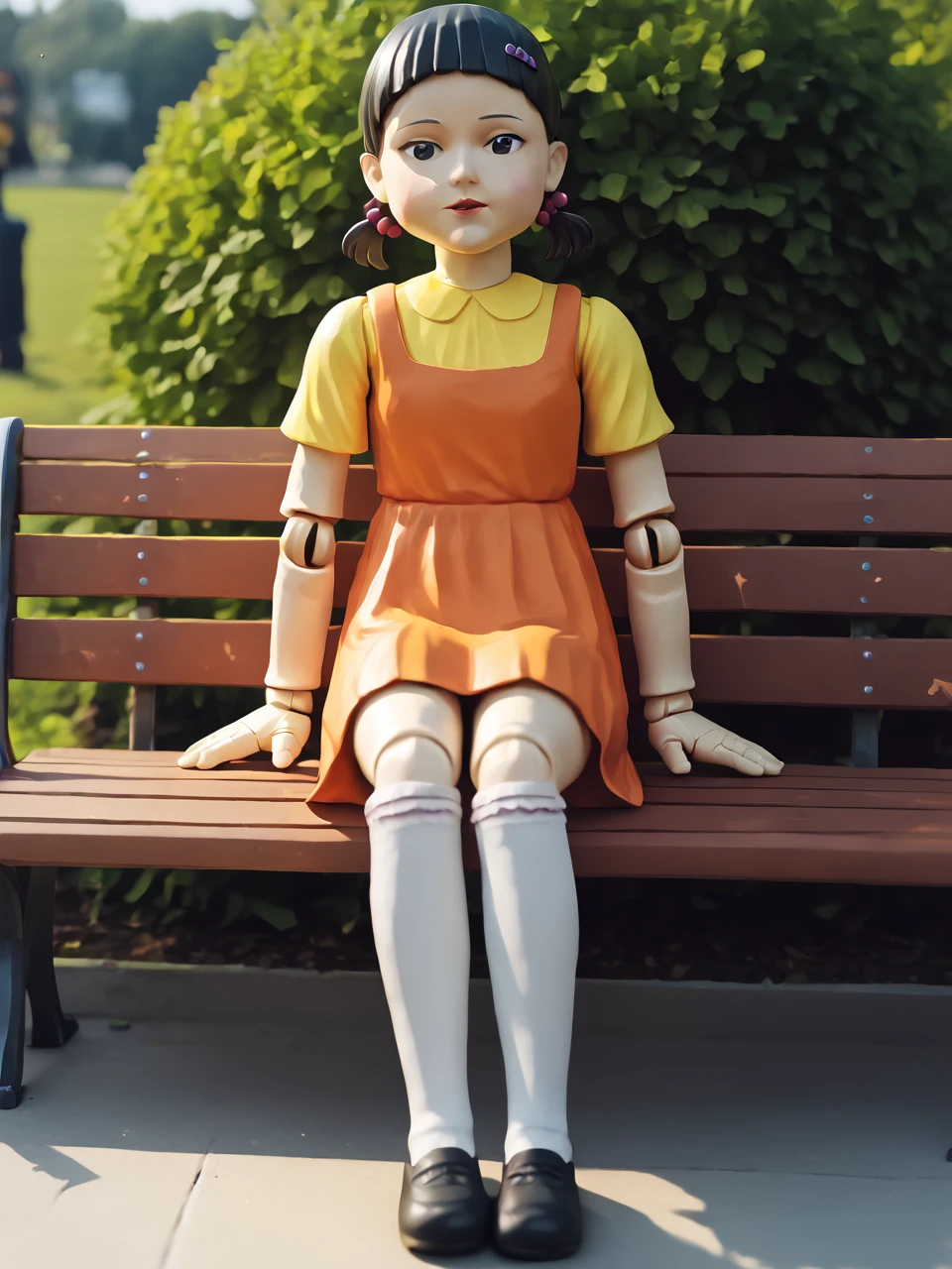 score_9, score_8_up, score_7_up,  score_6_up, BREAK, Squidgamedoll, 1girl, solo, short hair, black hair, black eyes, orange dress, hair ornament, socks, doll joints, hair bobbles, short twintails, kneehighs, yellow shirt, in the park, sitting on a bench, looking at viewer <lora:Squidgamedoll:1>