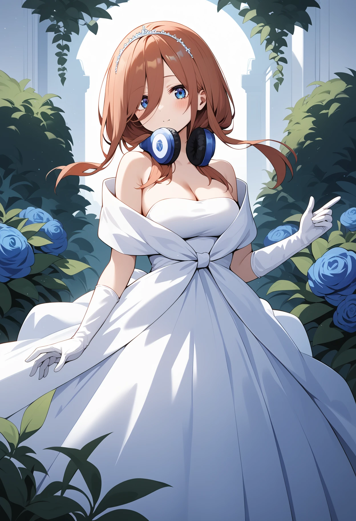 score_9, score_8_up, score_7_up, score_6_up, score_5_up, score_4_up, source_anime, aamiku, long hair, brown hair, tiara, blue eyes, headphones, headphones around neck, breasts, off shoulder, cleavage, wedding dress, white dress, elbow gloves, white gloves, <lora:nakano_miku_ponyxl_v1:0.9>, standing, cowboy shot, outdoors, garden,