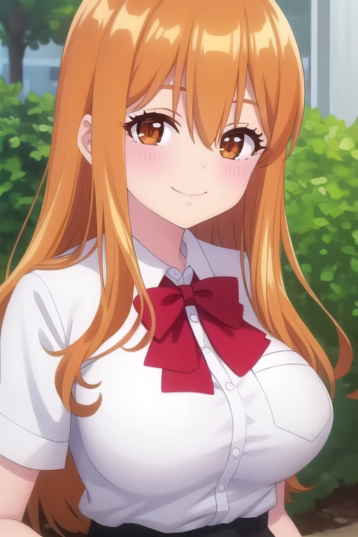 ((masterpiece)),(best quality),official art,extremely delicate and beautiful,extremely detailed CG,unity 8k wallpaper,ultra detailed,beautiful detailed eyes,extremely detailed face,outdoors,1girl,solo,upper body,(portrait:1.5),looking at viewer,facing viewer,smile,Aki Minami,long hair,orange hair,sidelocks,hair between eyes,bangs,brown eyes,school uniform,red bowtie,white shirt,collared shirt,dress shirt,pocket,large breasts,skindentation,short sleeves,miniskirt,green skirt,pleated skirt,black socks,loafers,<lora:Aki Minami(hc):1.4>,